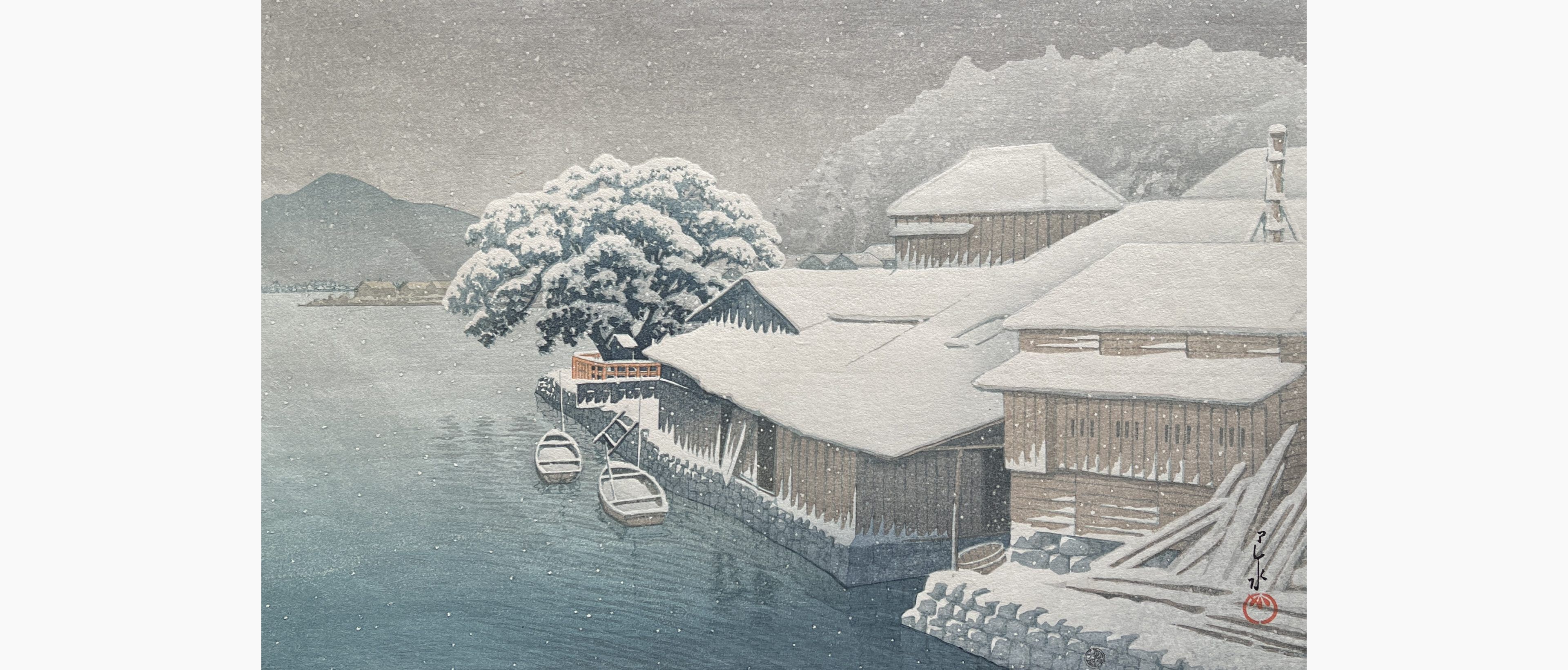 Original woodblock print - Kawase Hasui - Ishinomaki in the Snow