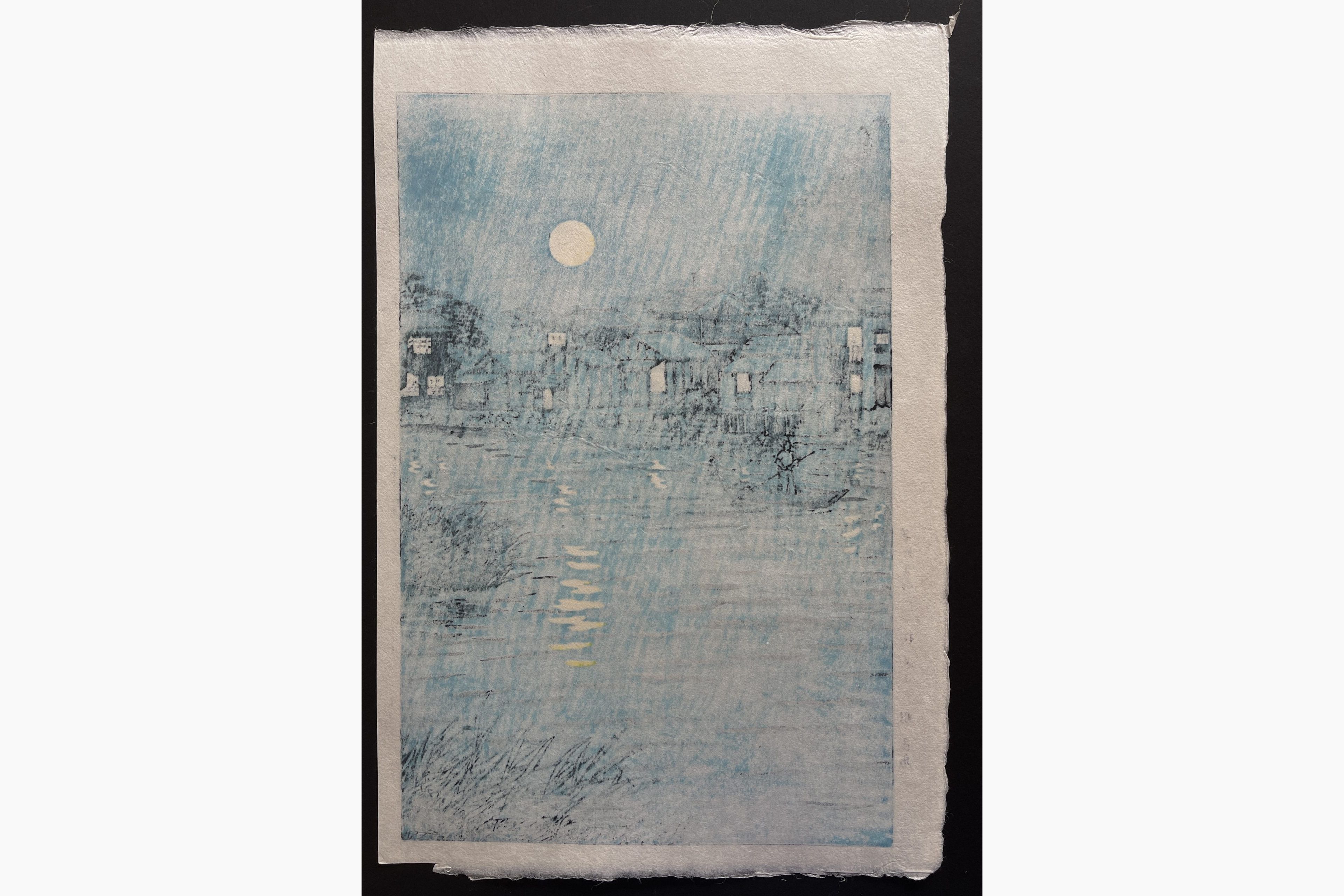 Japanese print - Kasamatsu Shiro - Rising Moon at Katase River