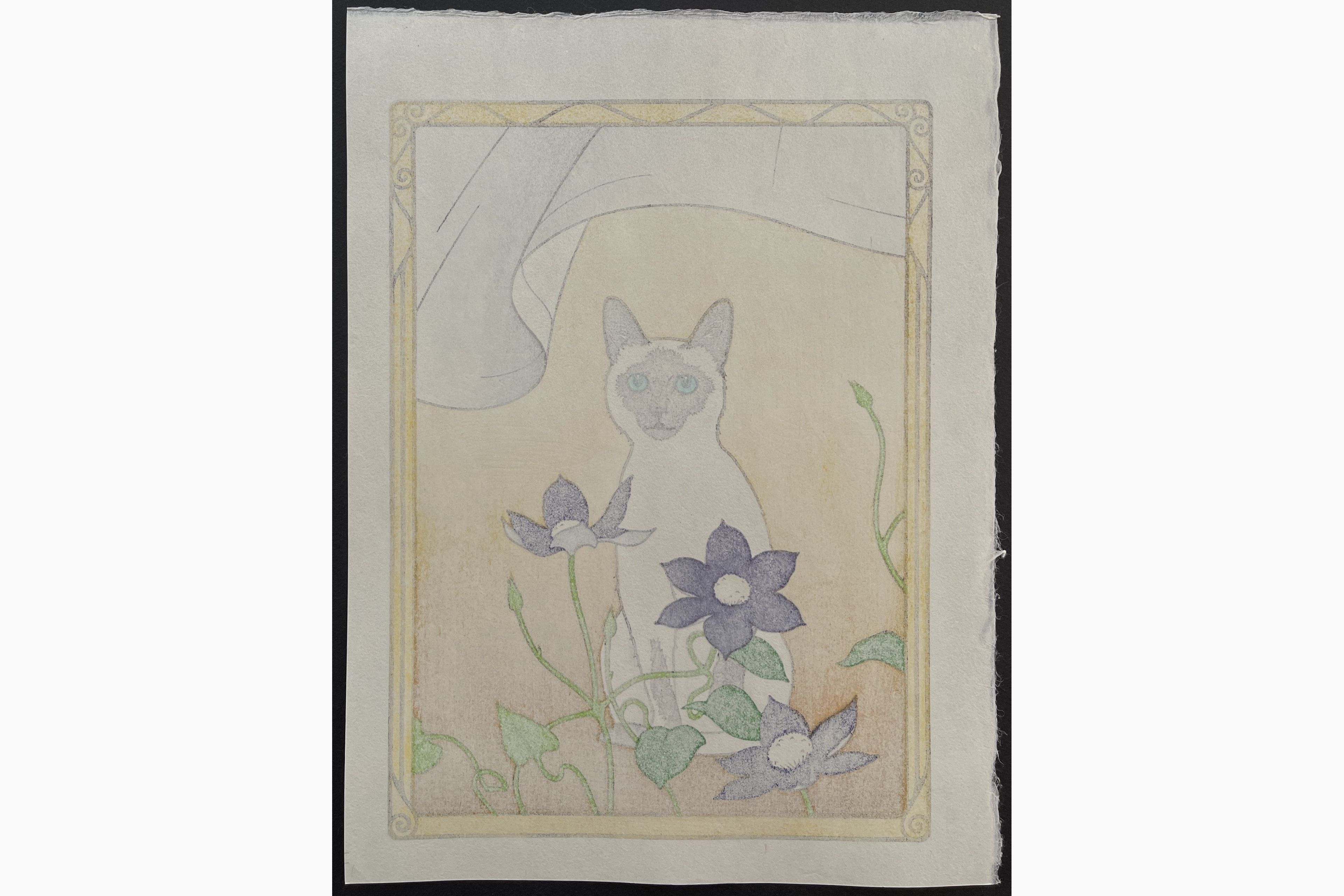 Japanese print - Tsukasa Yoshida - Wind and Cat