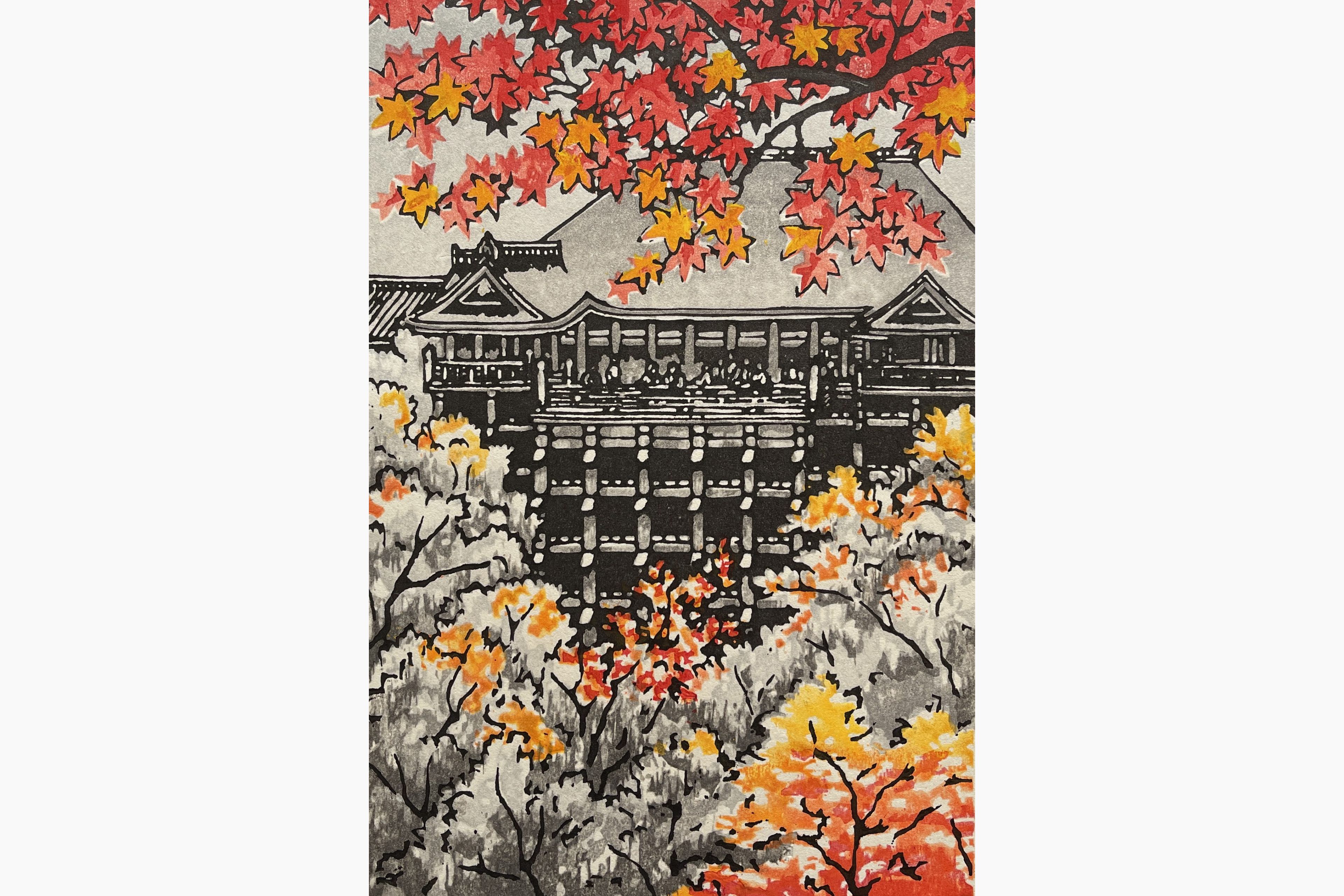 Original woodblock print - Fu Takenaka - Kiyomizudera maple temple in autumn
