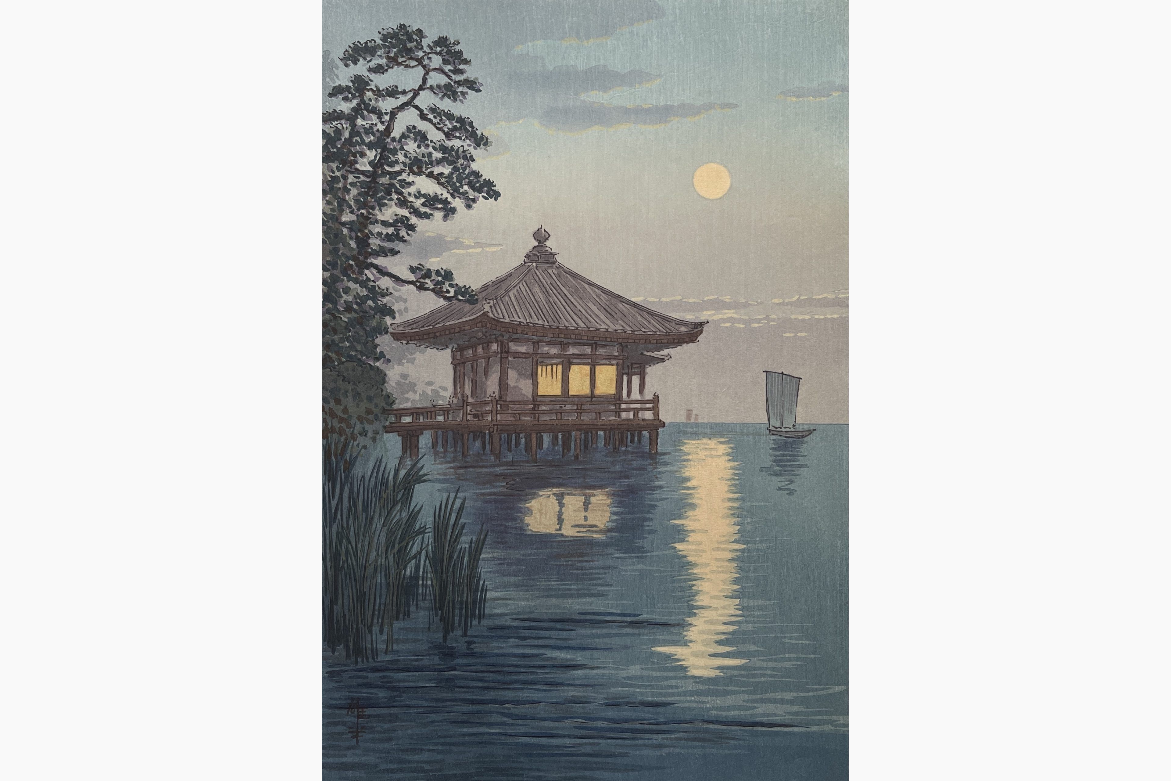 Original woodblock print - Ito Yuhan - Ukimido at Lake Biwa