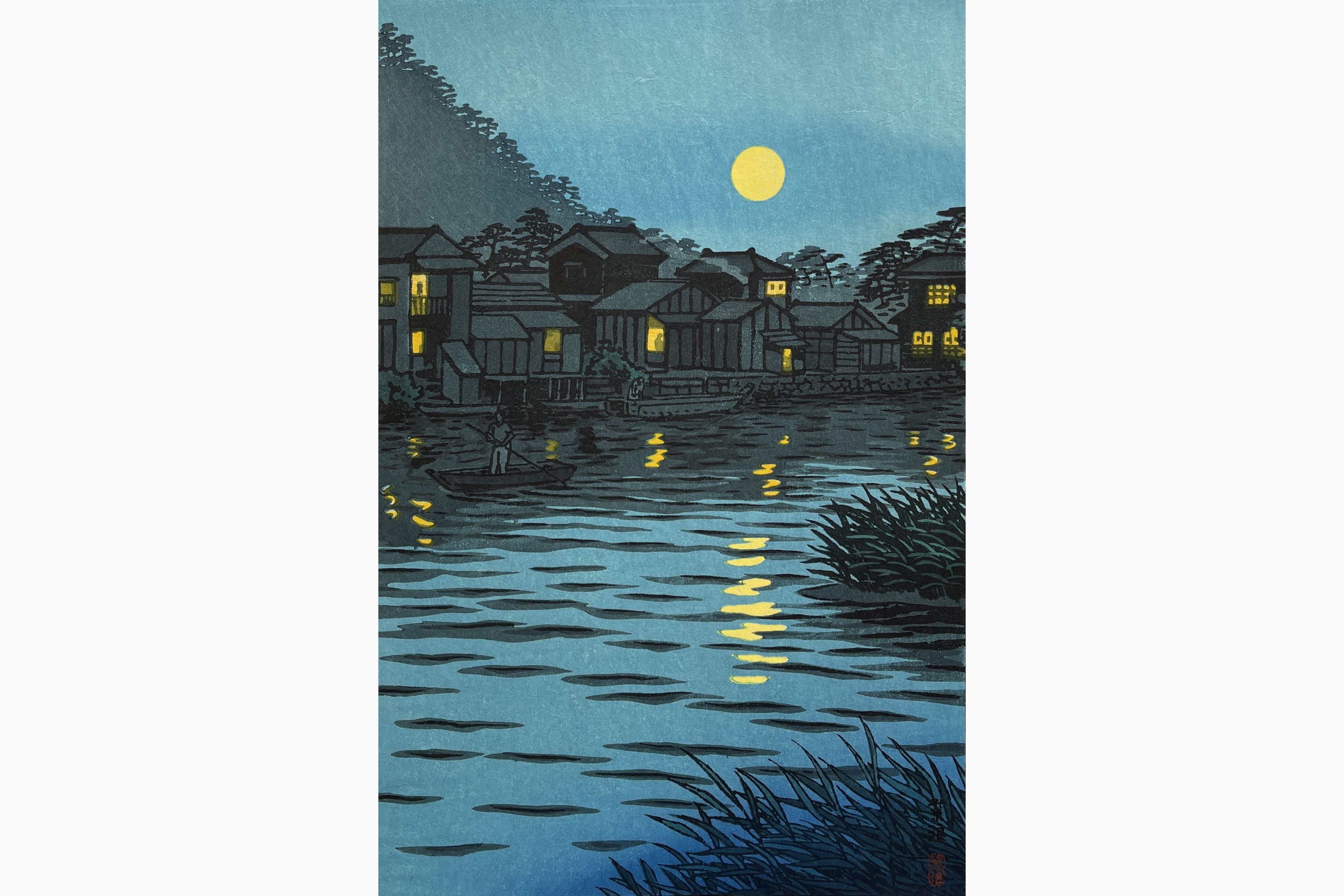 Original woodblock print - Kasamatsu Shiro - Rising Moon at Katase River
