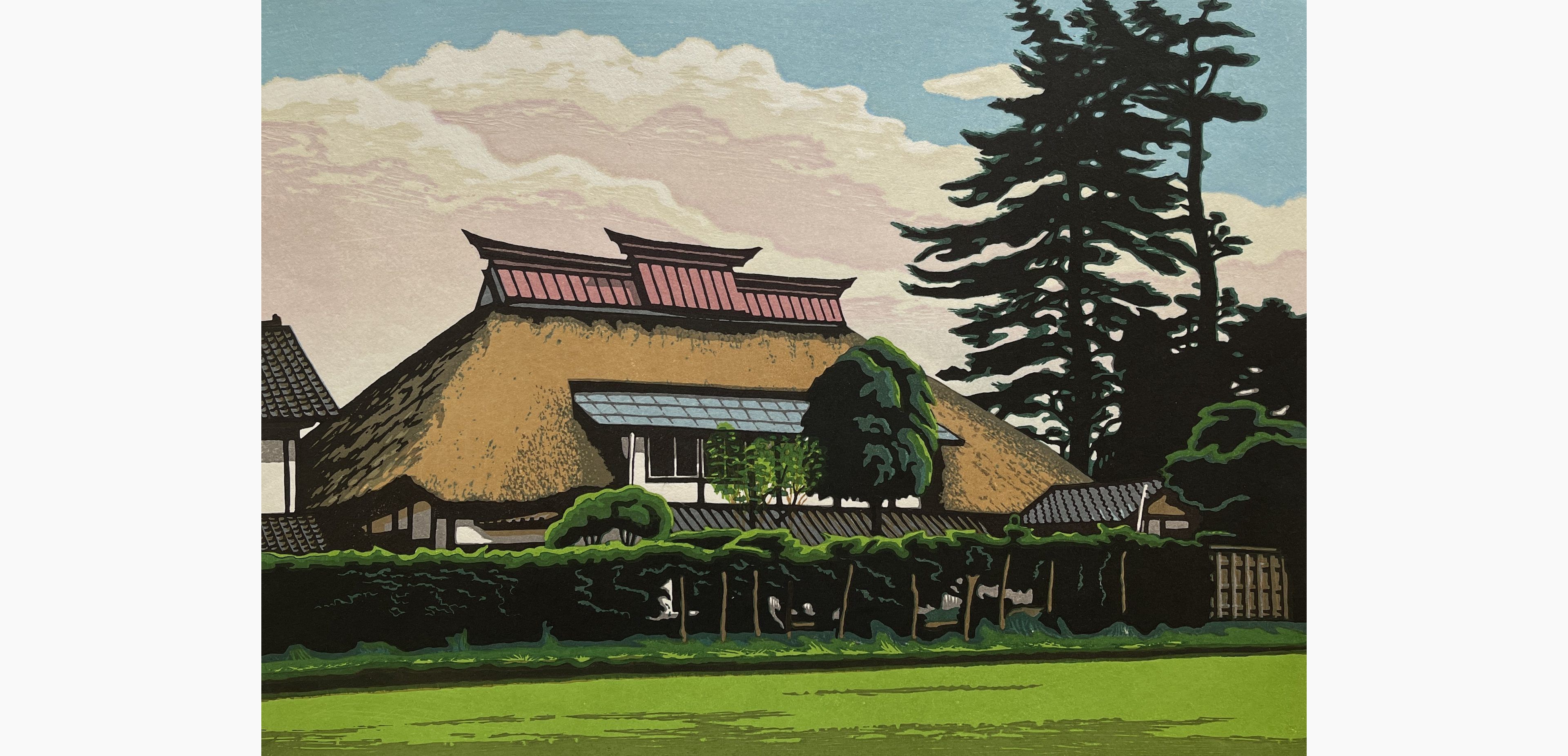 Original woodblock print - Koichi Maeda - A Traditional House with Pine Trees