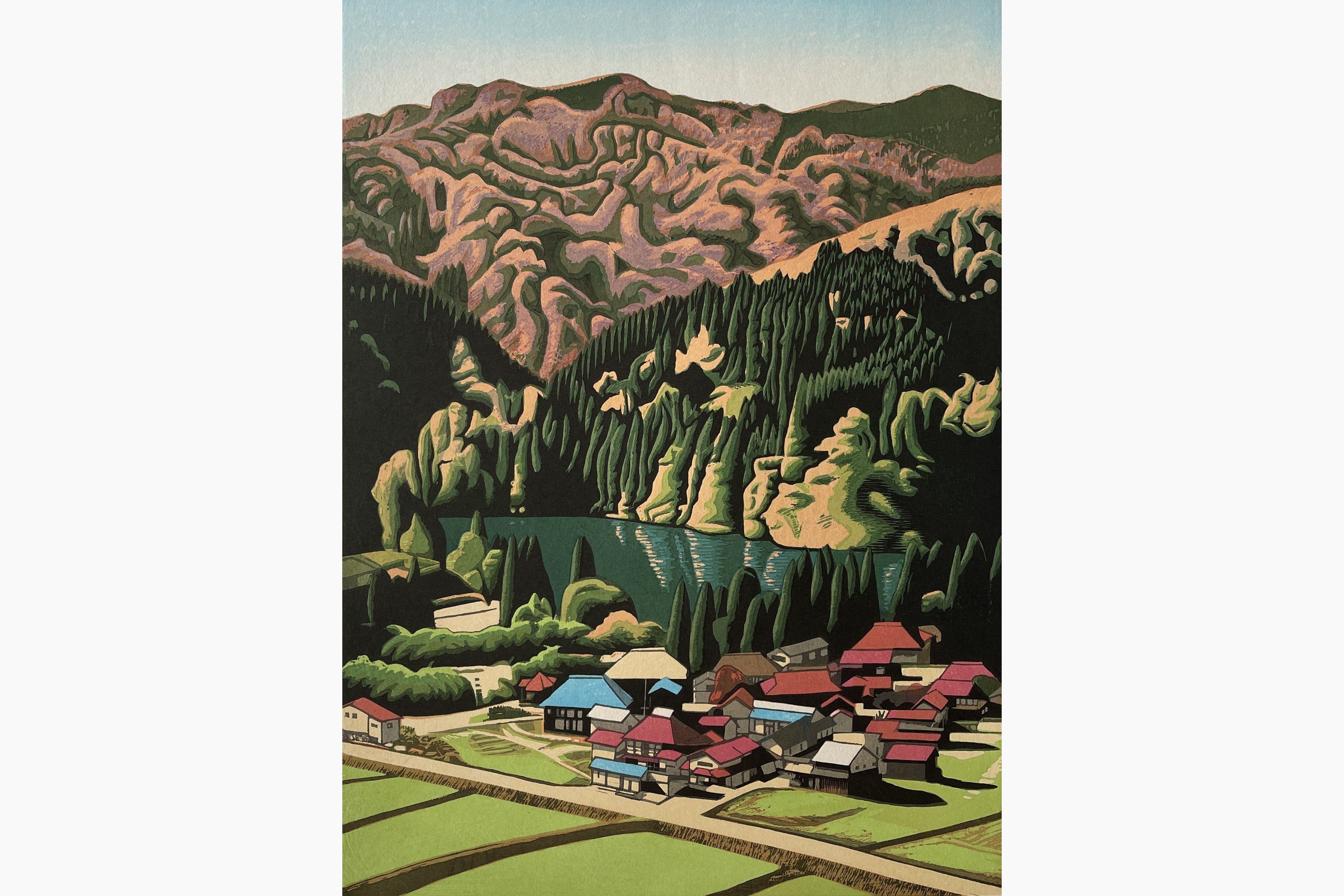Original woodblock print - Koichi Maeda - A Village in Oku-Aizu