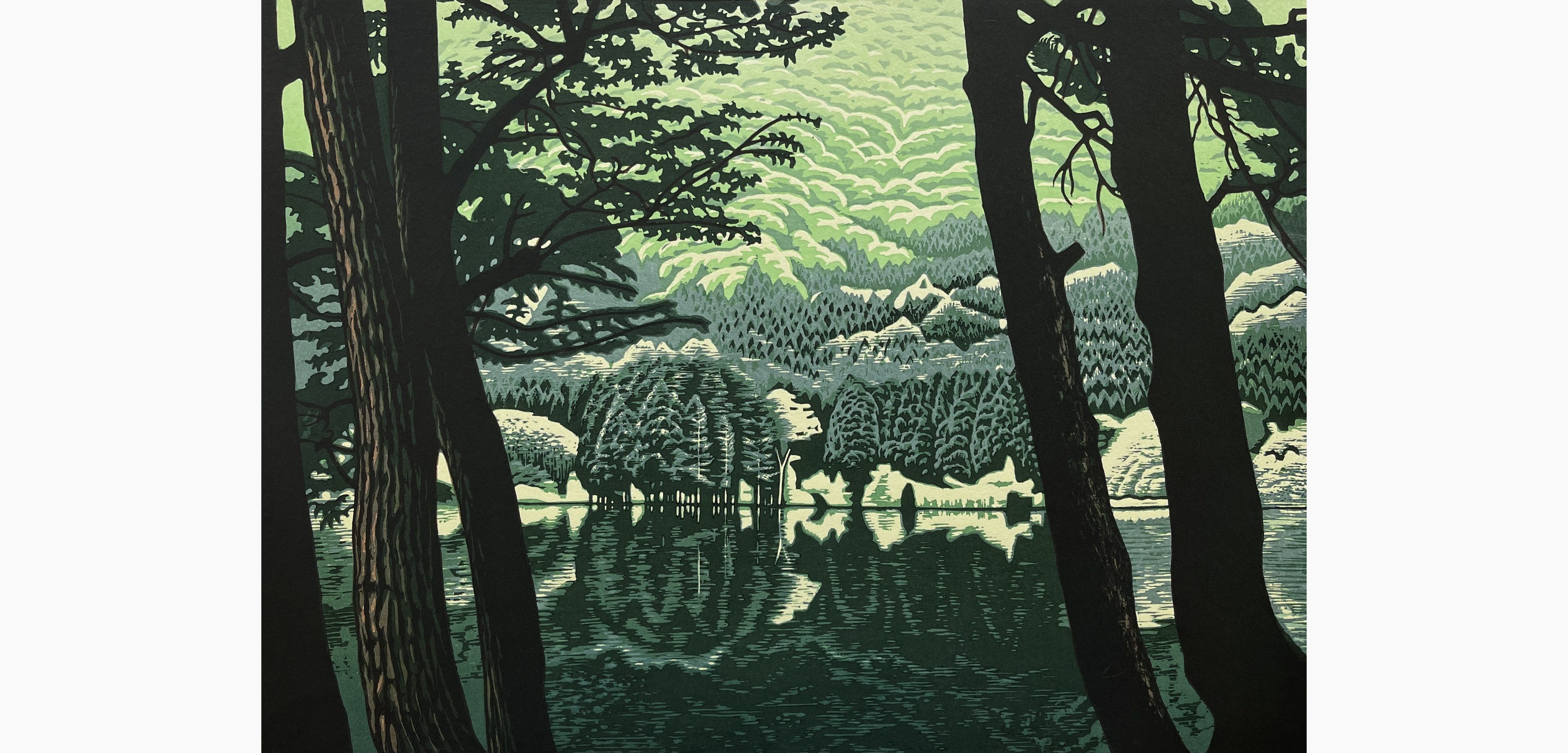 Original woodblock print - Koichi Maeda - Early Morning at Lake Hokuryu