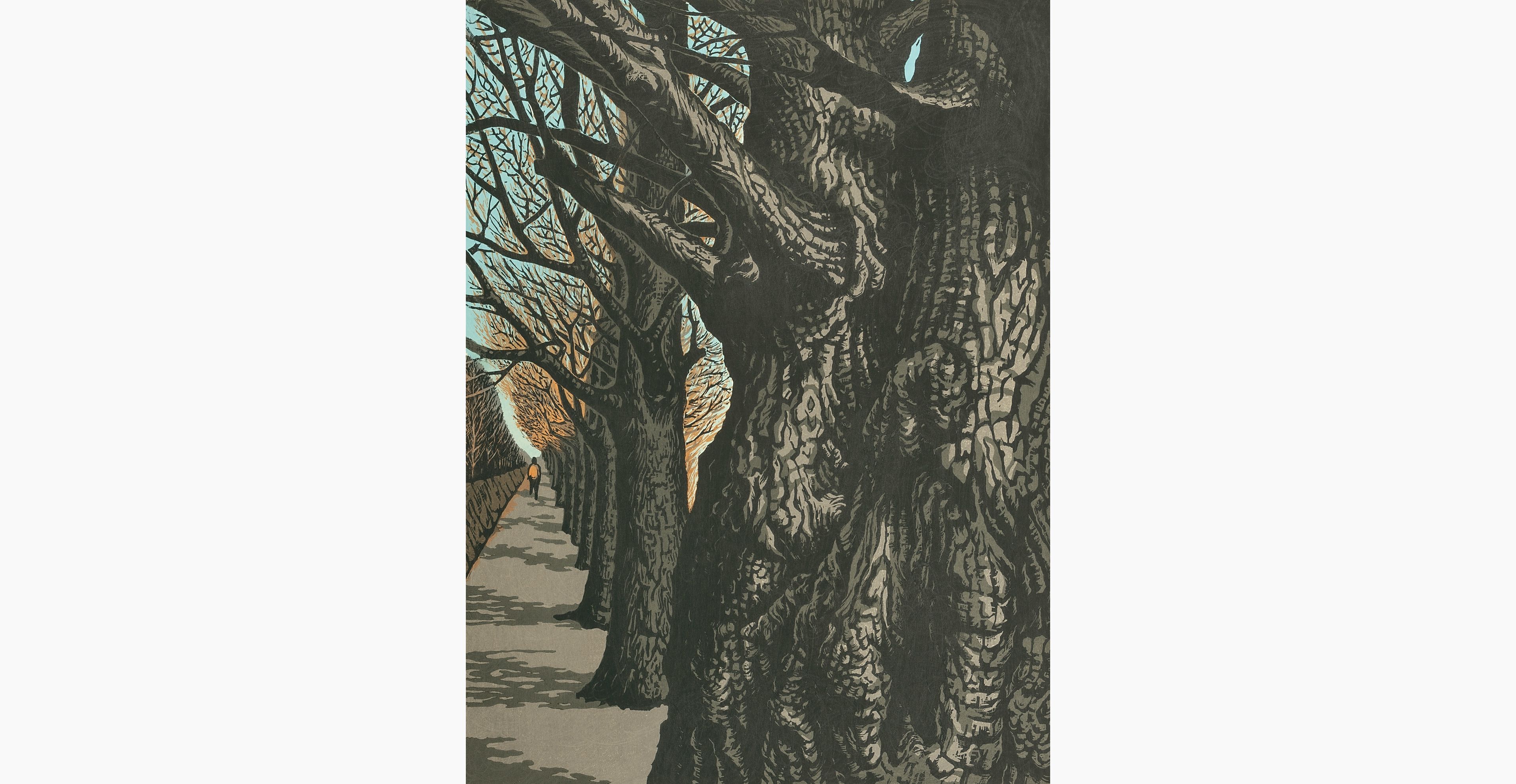 Original woodblock print - Koichi Maeda - Ginkgo Tree Avenue in Winter