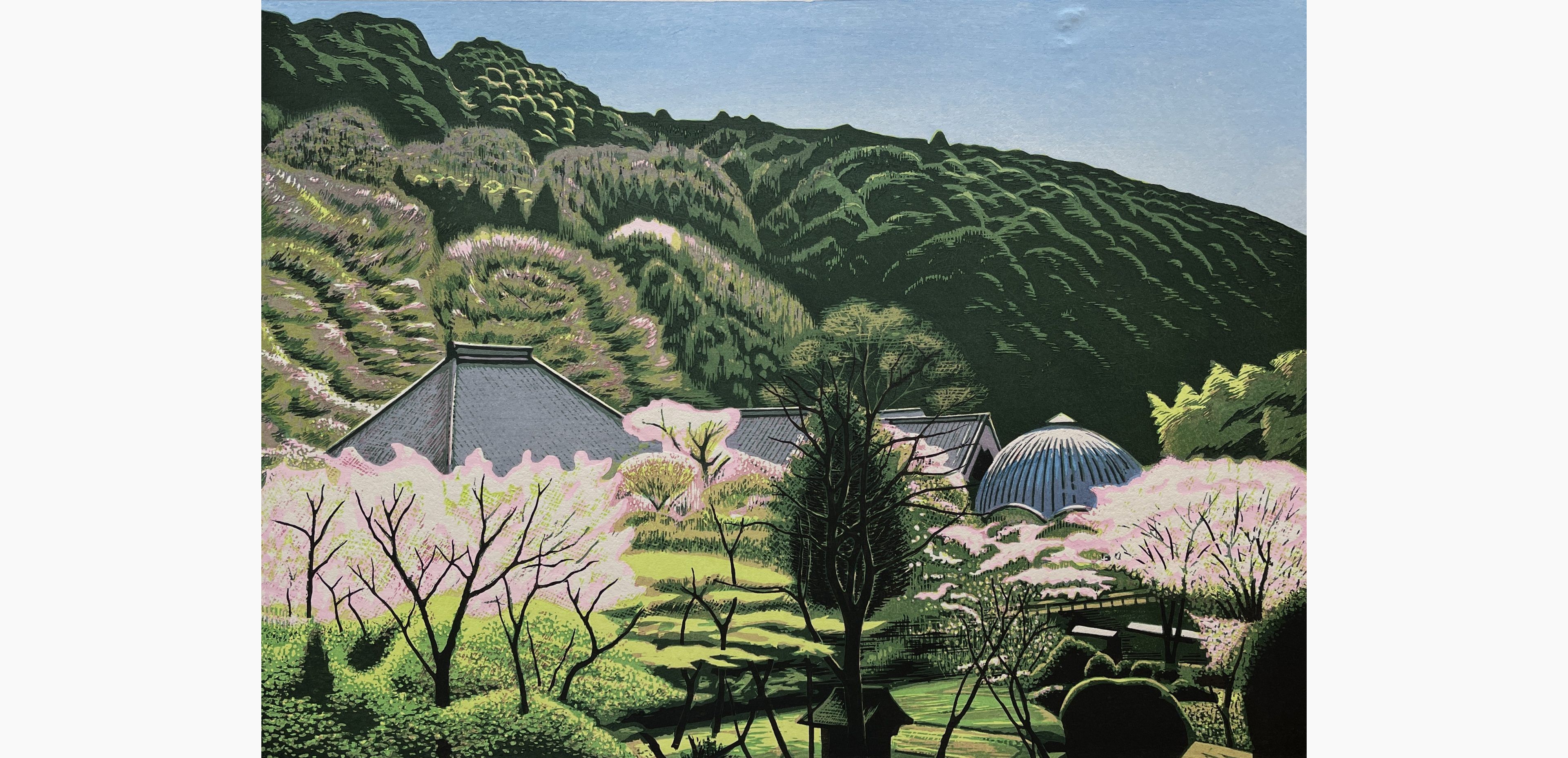 Original woodblock print - Koichi Maeda - Temple in Early Spring