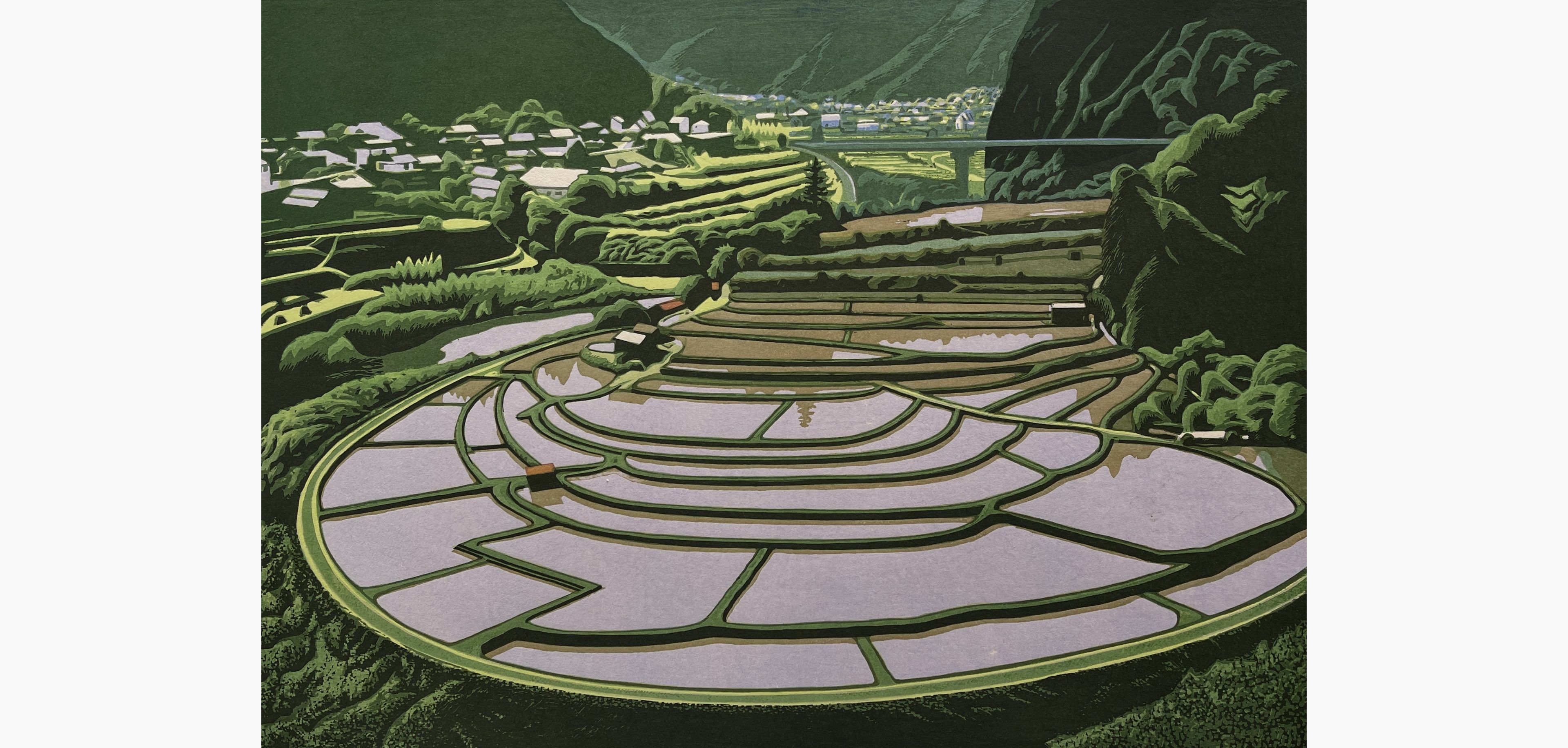 Original woodblock print - Koichi Maeda - The terraced rice fields of Aragi Island (Wakayama, Aridagawa Town).