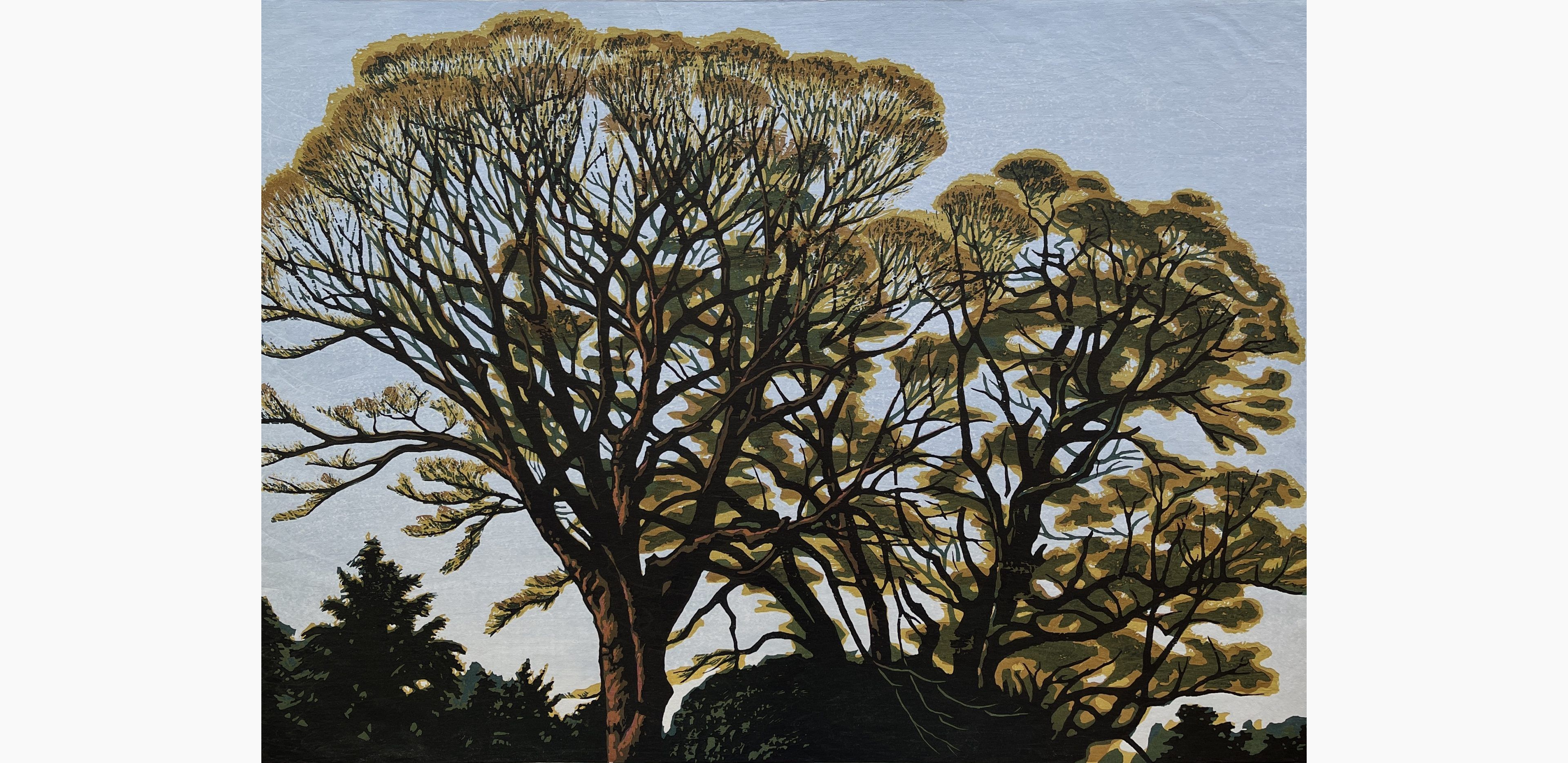 Original woodblock print - Koichi Maeda - Treetops in Early Spring