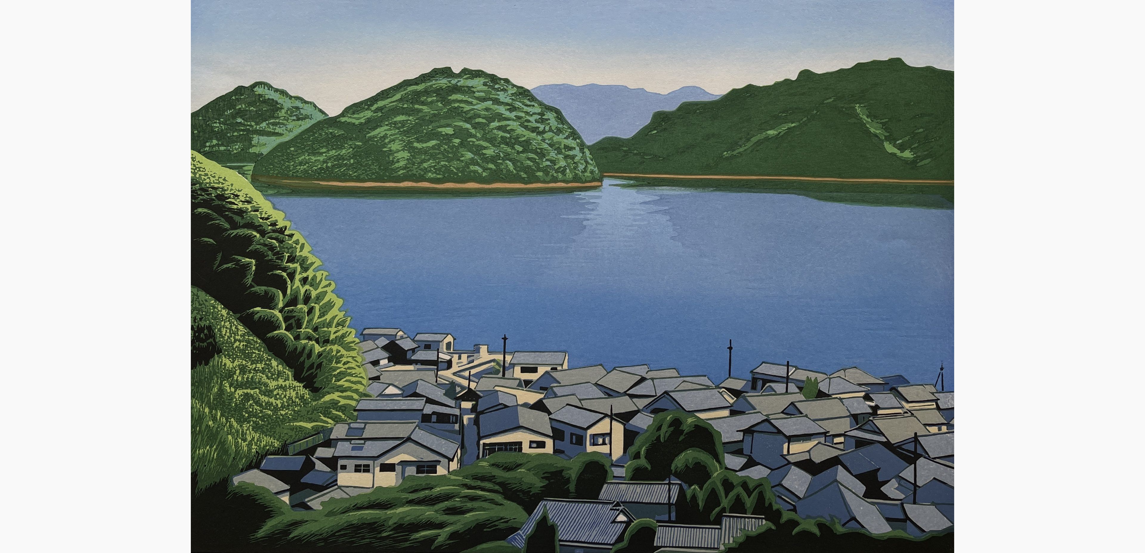 Original woodblock print - Koichi Maeda - Village near the Seto Inland Sea