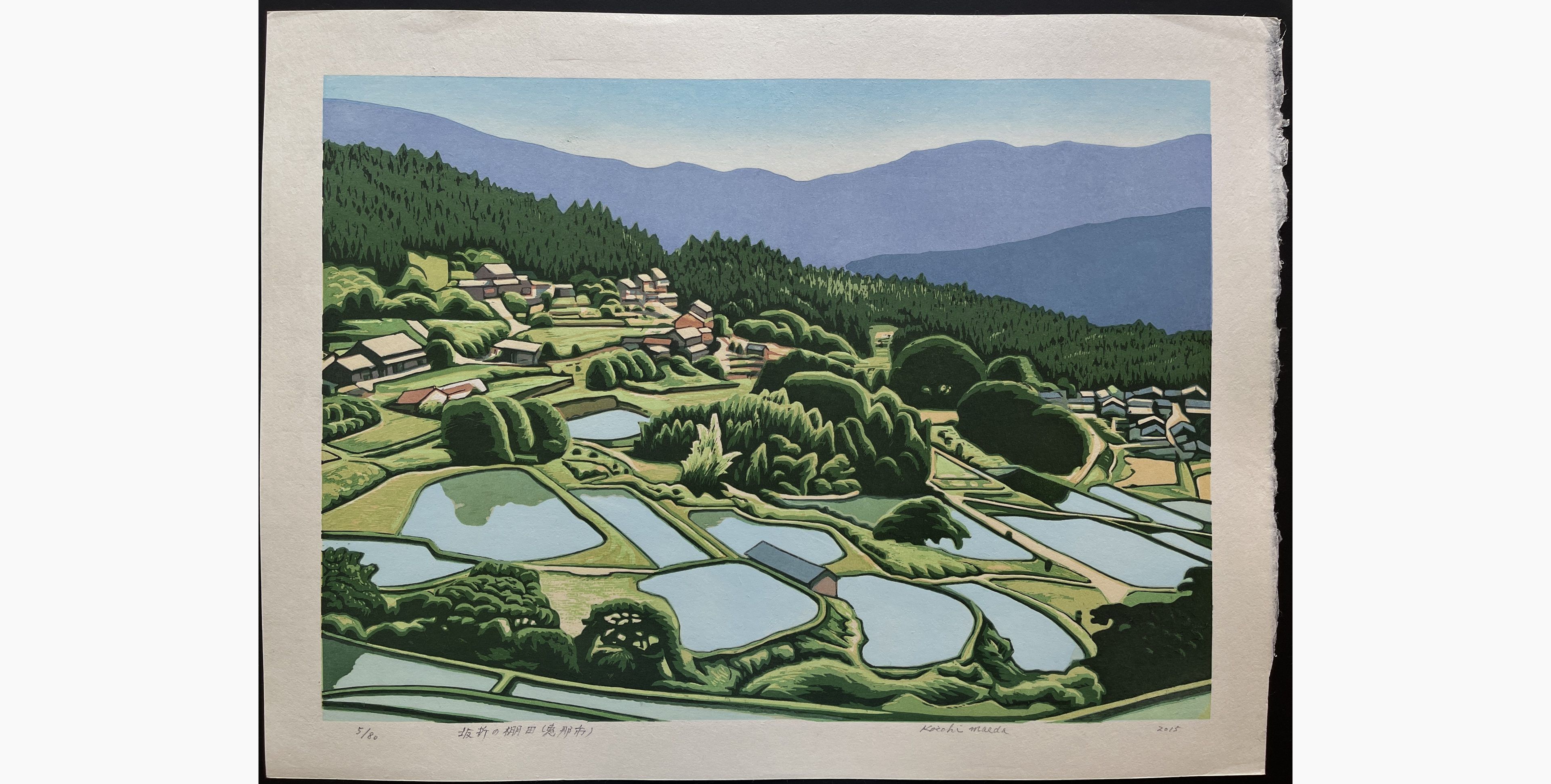 Japanese woodblock print - Koichi Maeda - Terraced Rice Fields of Sakaori (Enashi City)
