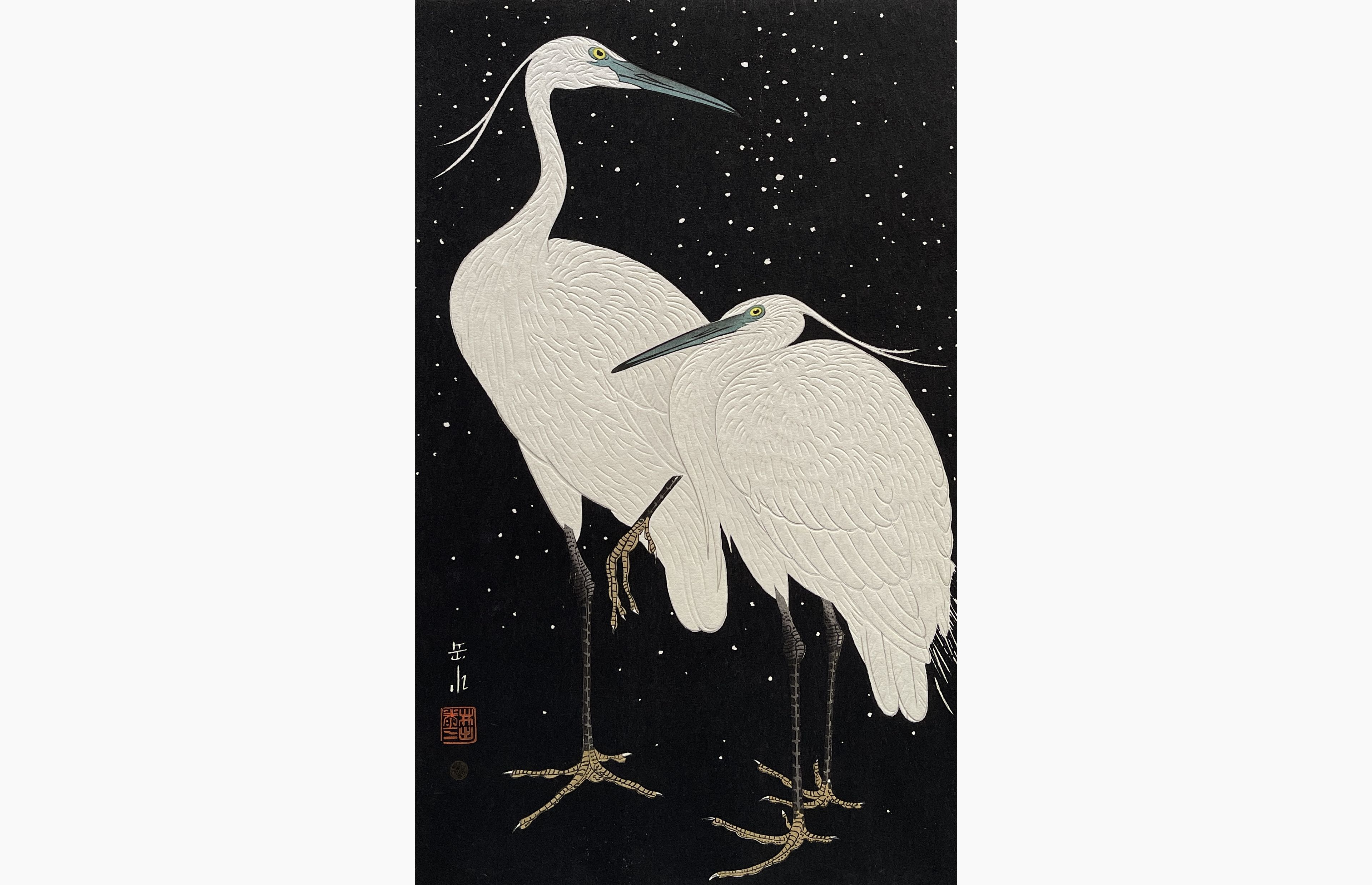 Original woodblock print - Ide Gakusui - Two Herons in Snow