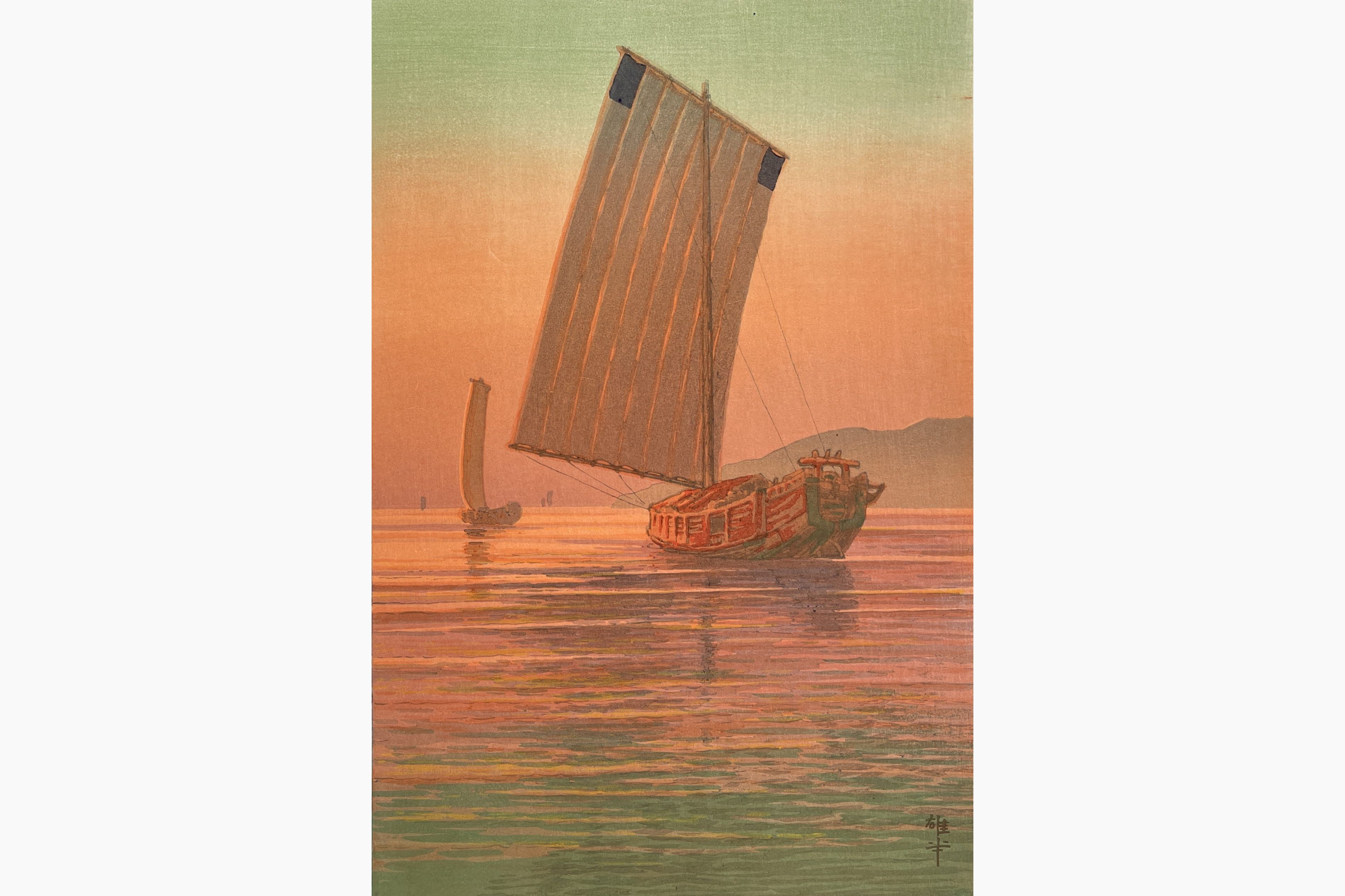 Original woodblock print - Ito Yuhan - Boats in the Sunset Glow