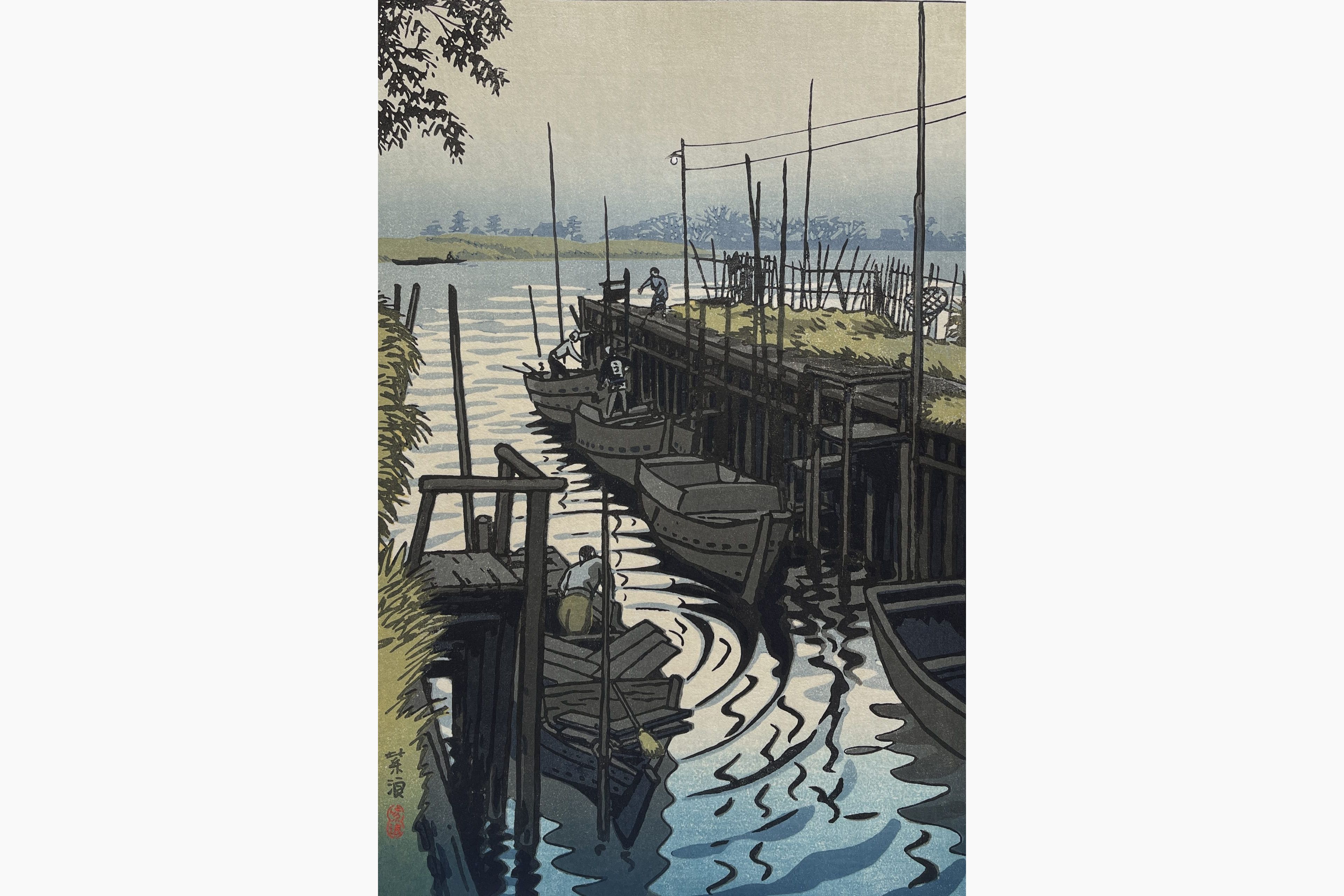 Original woodblock print - Kasamatsu Shiro - Ferry in Edogawa Imai