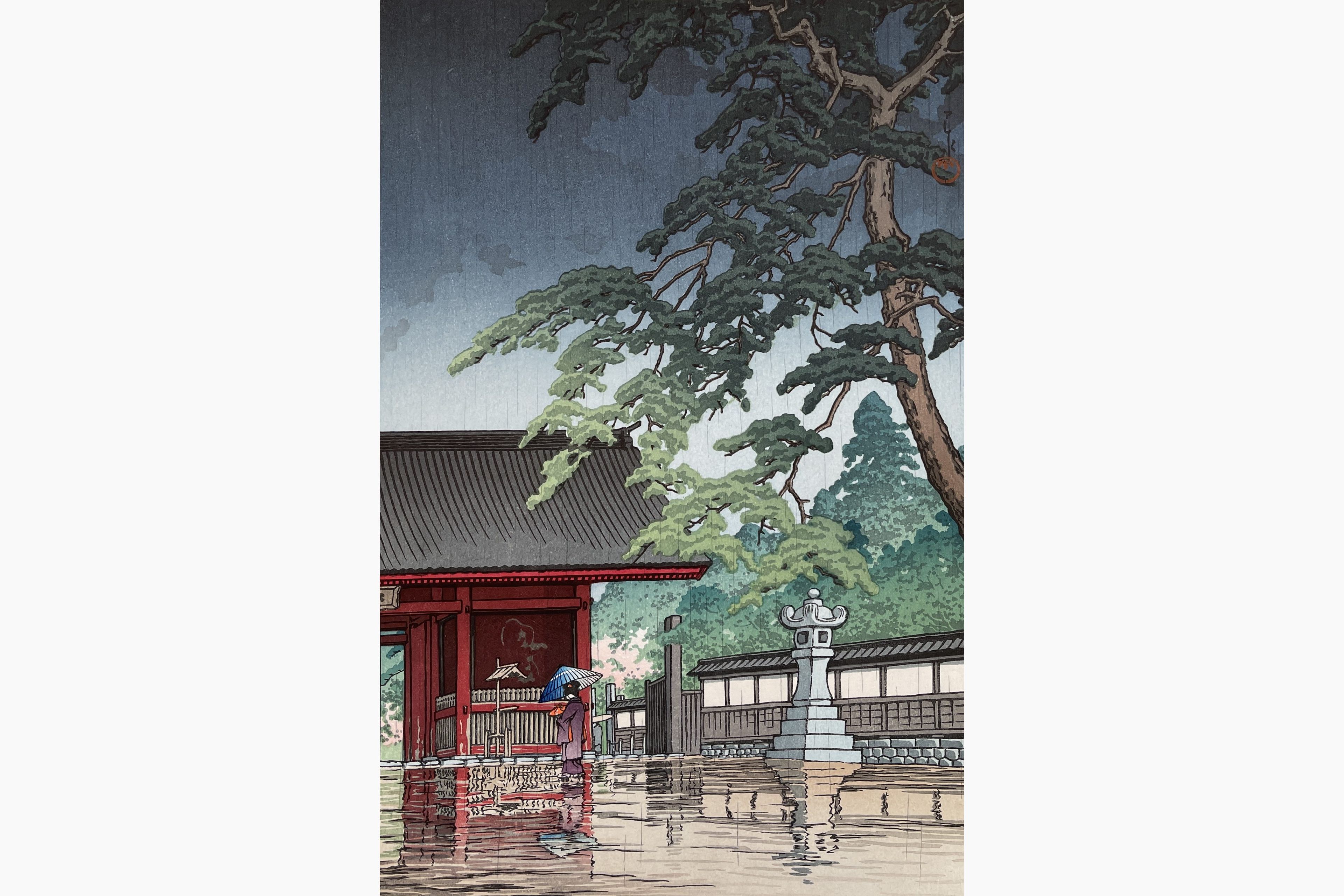 Original woodblock print - Kawase Hasui - Spring Rain at the Gokoku Temple