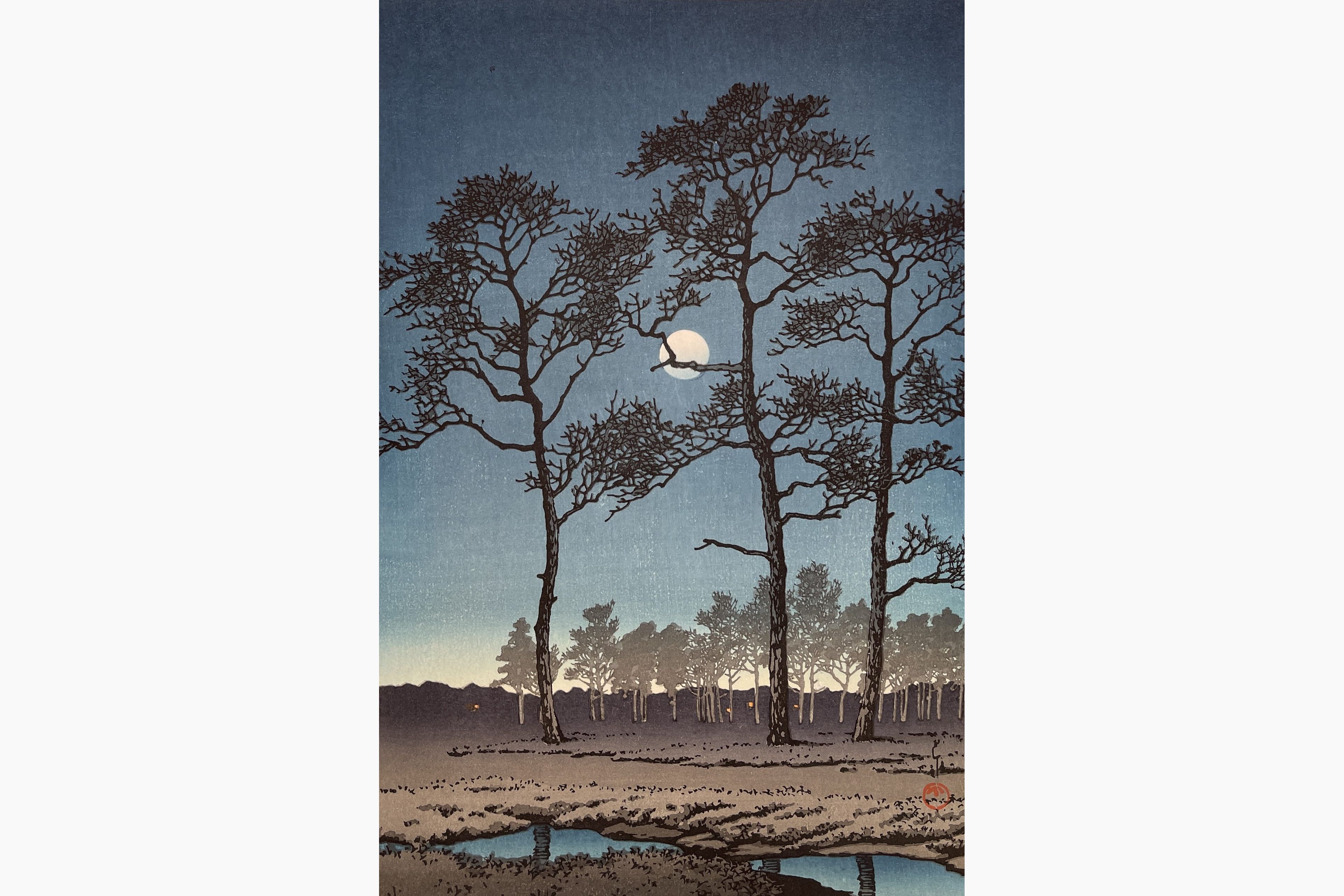 Original woodblock print - Kawase Hasui - Winter Moon over Toyama Plain