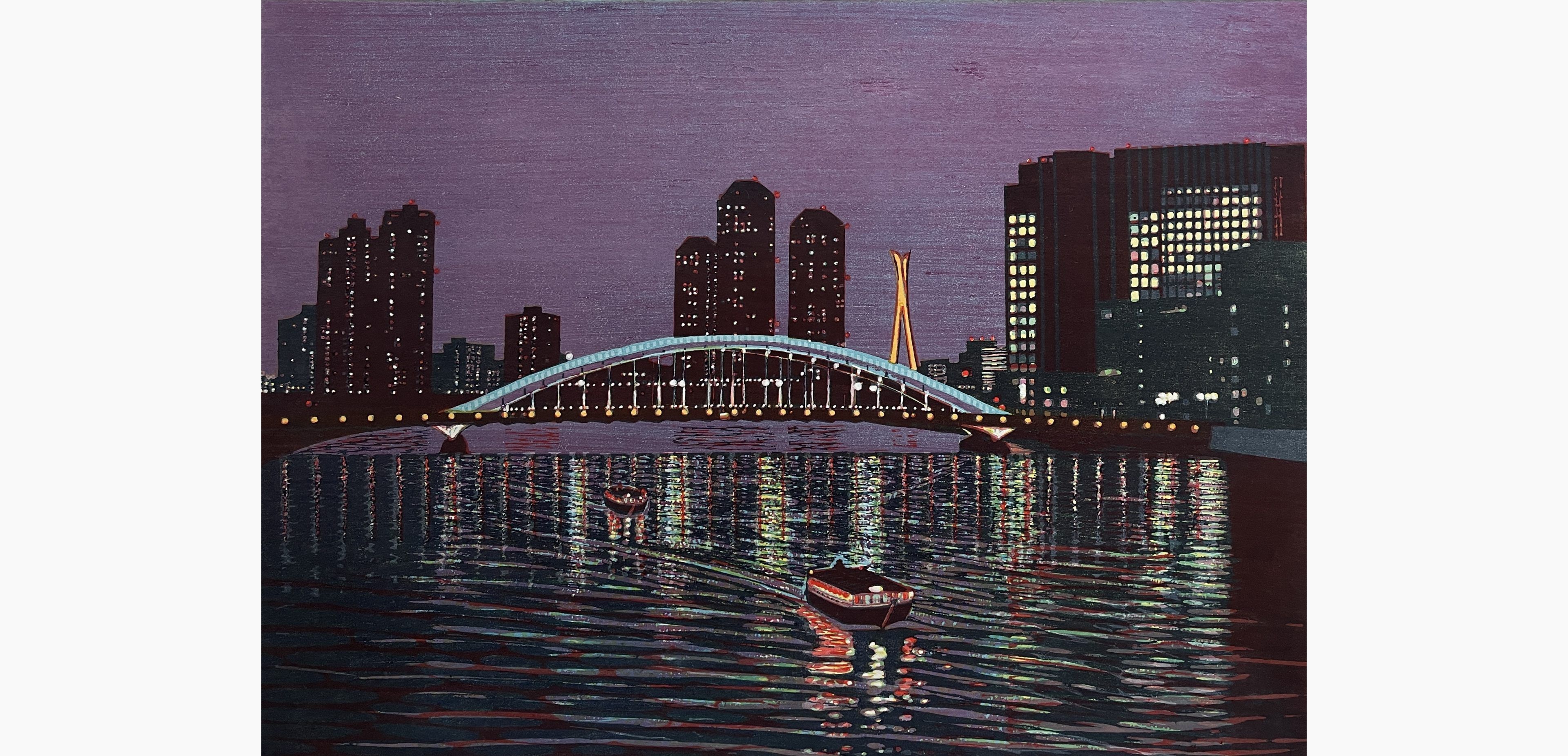 Original woodblock print - Sugiyama Mototsugu - Evening at Sumida River Part II