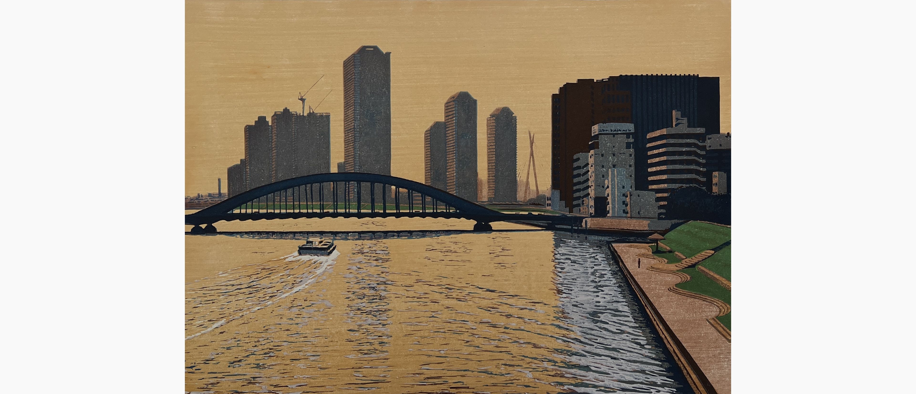 Original woodblock print - Sugiyama Mototsugu - Morning at Eidaibashi