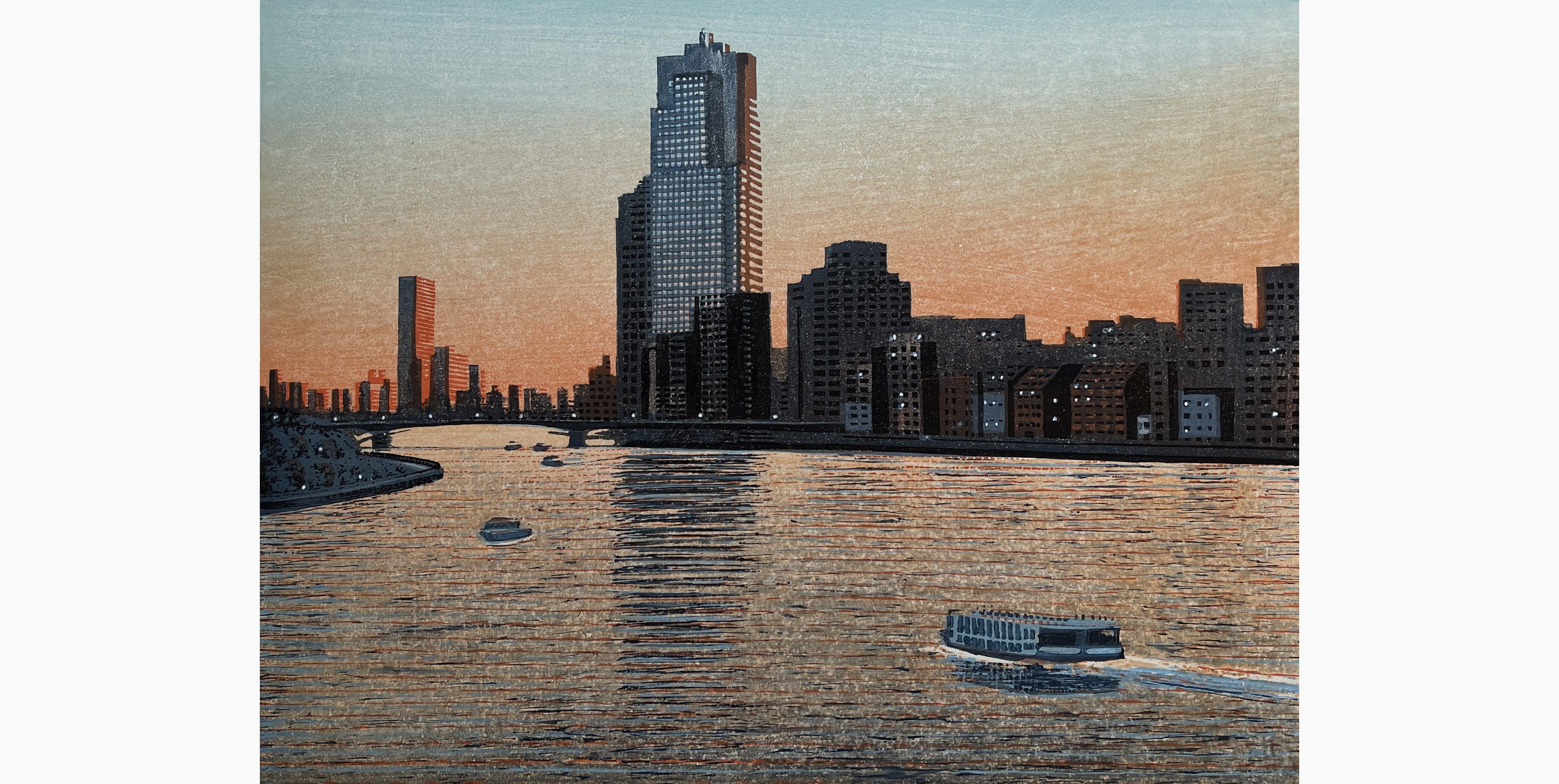 Original woodblock print - Sugiyama Mototsugu - Twilight at Sumida River Part III