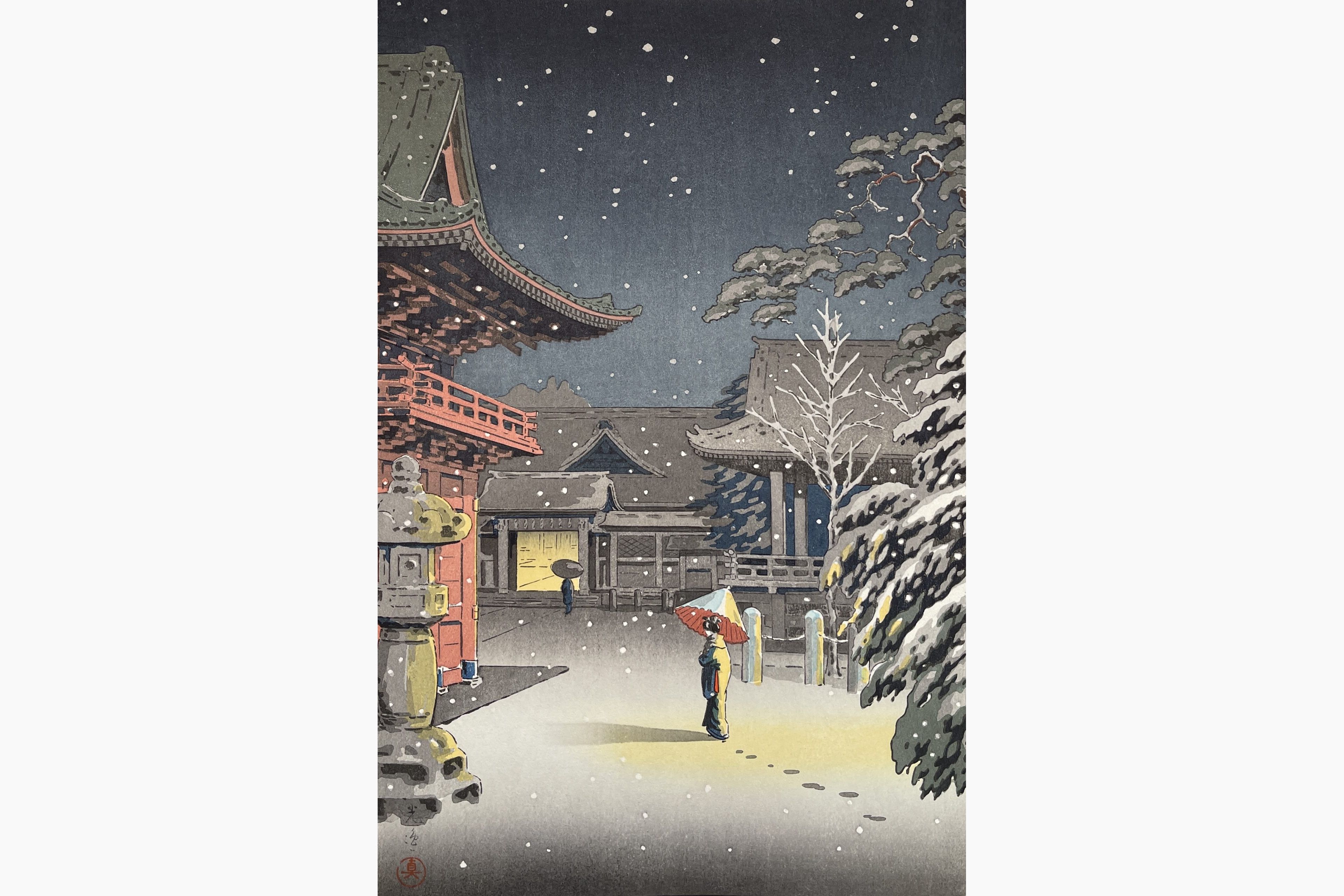 Original woodblock print - Tsuchiya Koitsu - Snow at Nezu Shrine