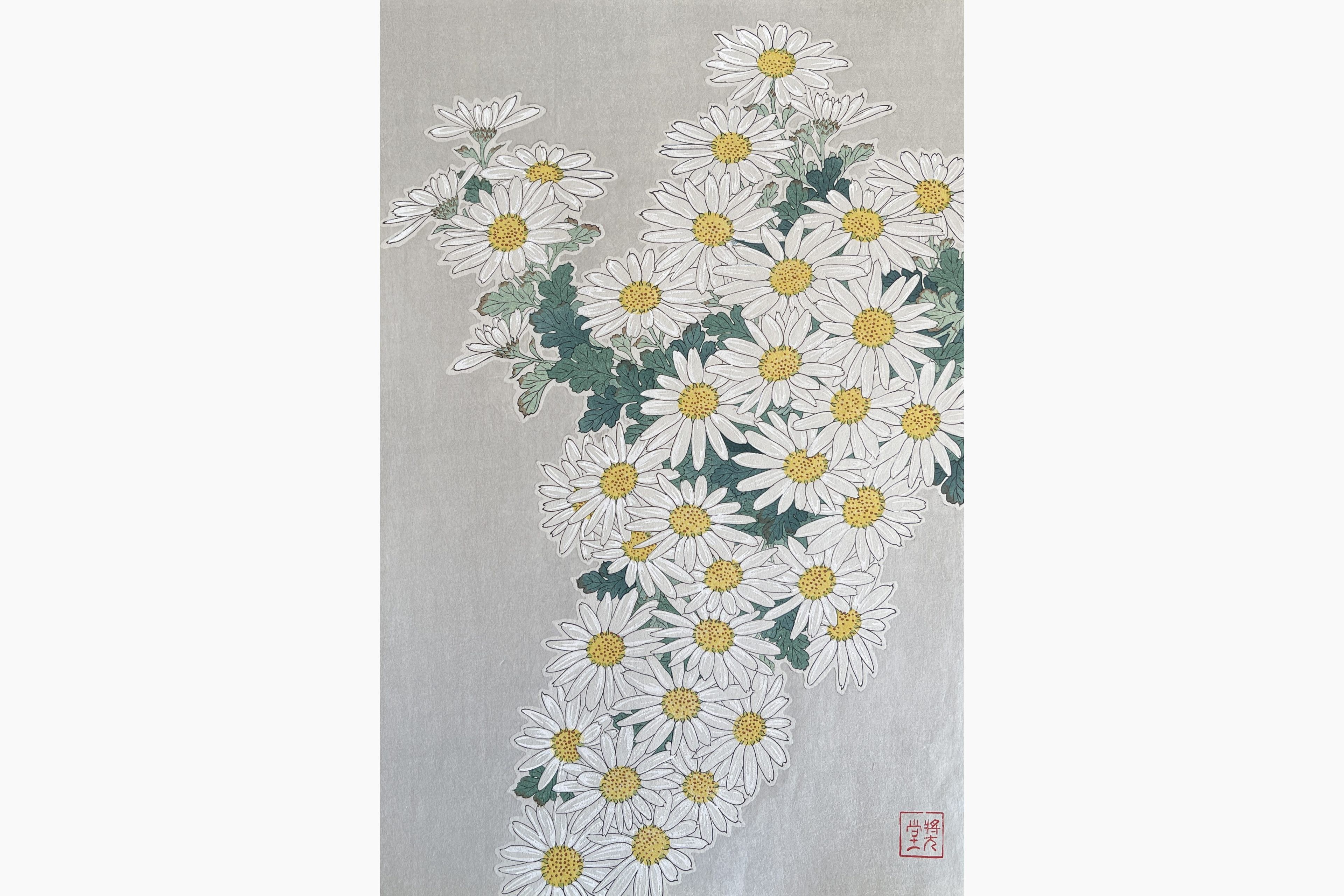 Original woodblock print - Kawarazaki Shodo - Crystanthemum (White)