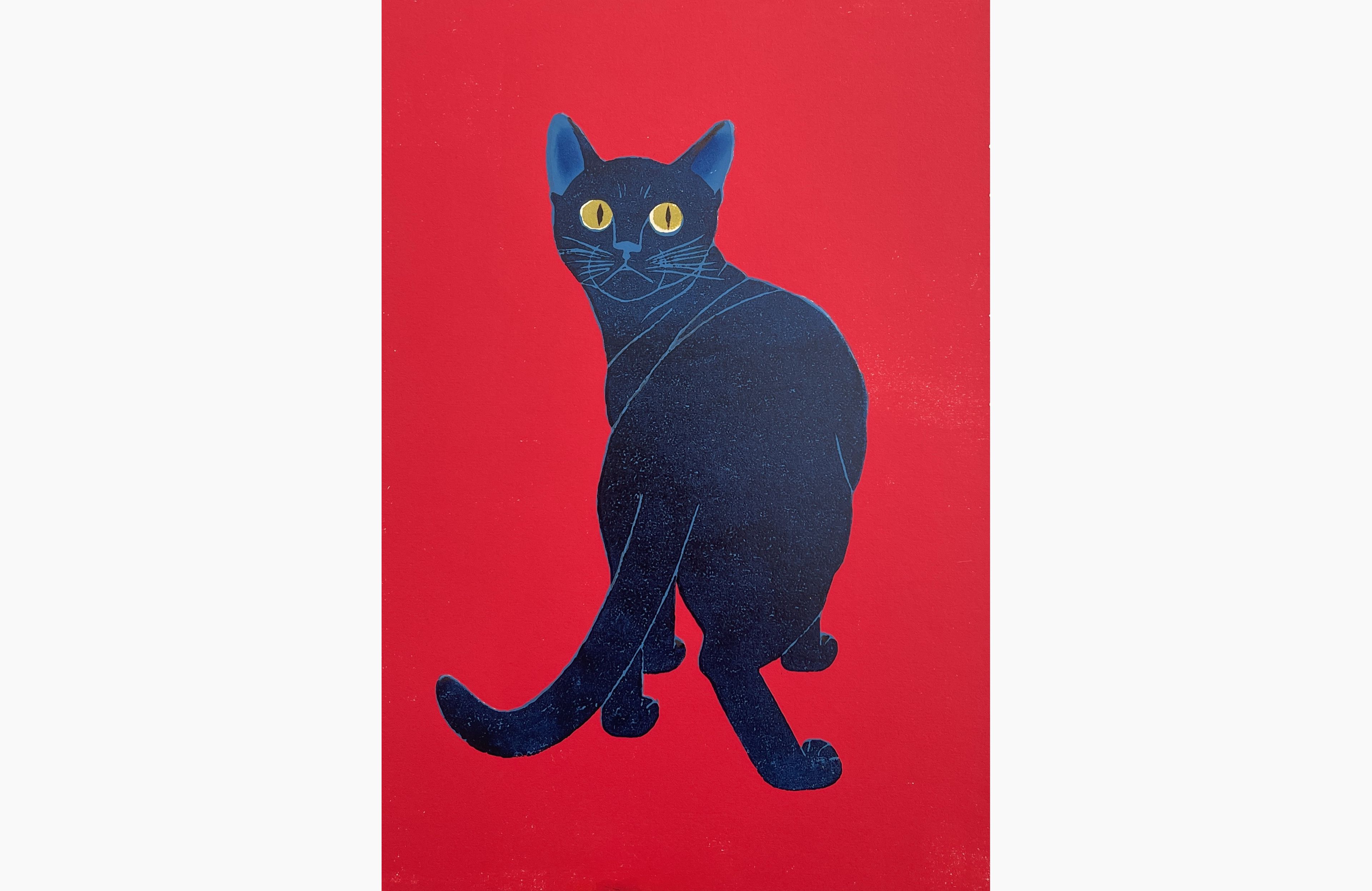Original woodblock print - Nishida Tadashige - Looking Back - Blue Cat