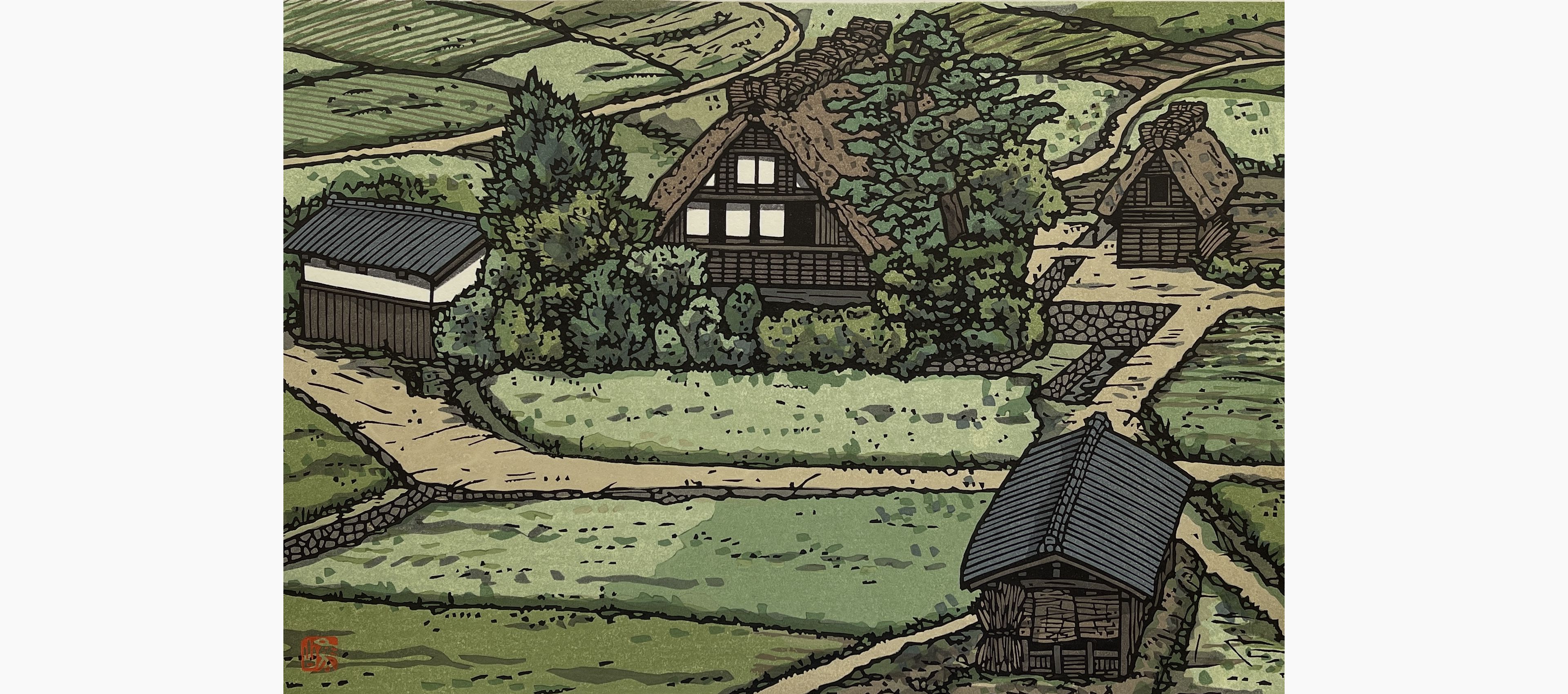 Original woodblock print - Nishijima Katsuyuki - Houses in Shirakawa-go