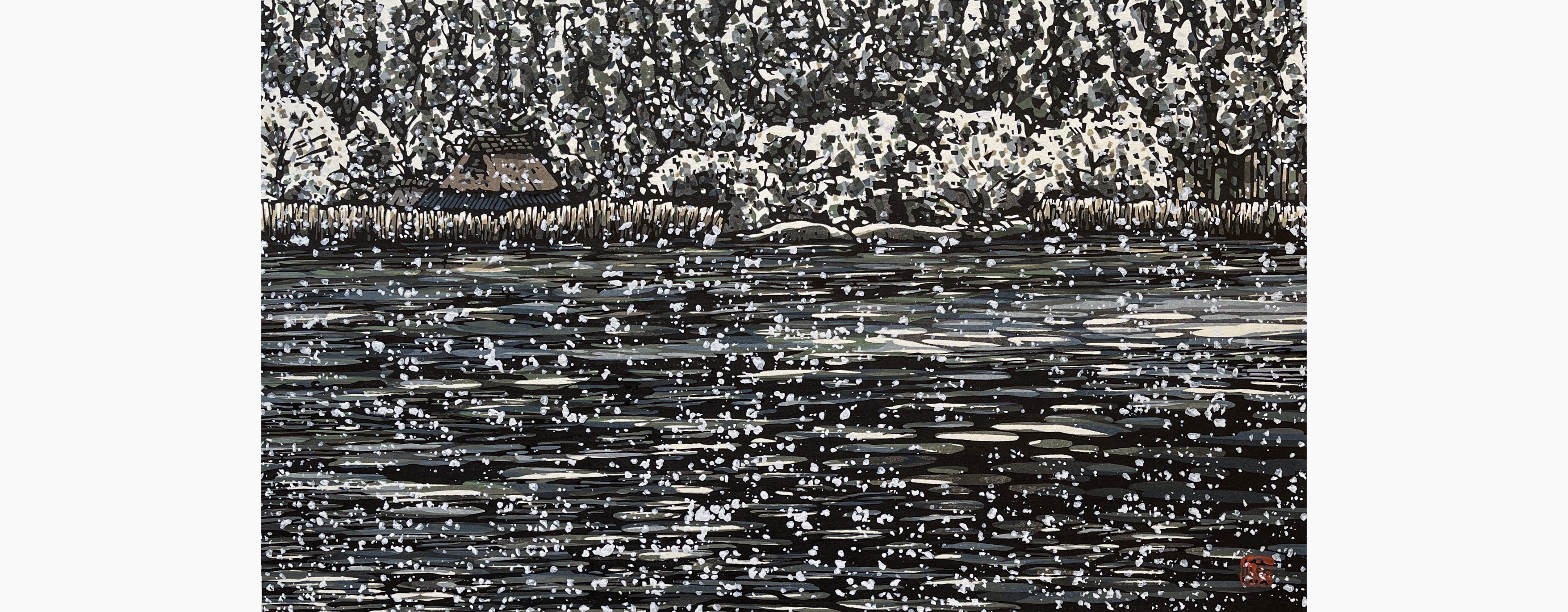 Original woodblock print - Nishijima Katsuyuki - Snowflakes in the Wind