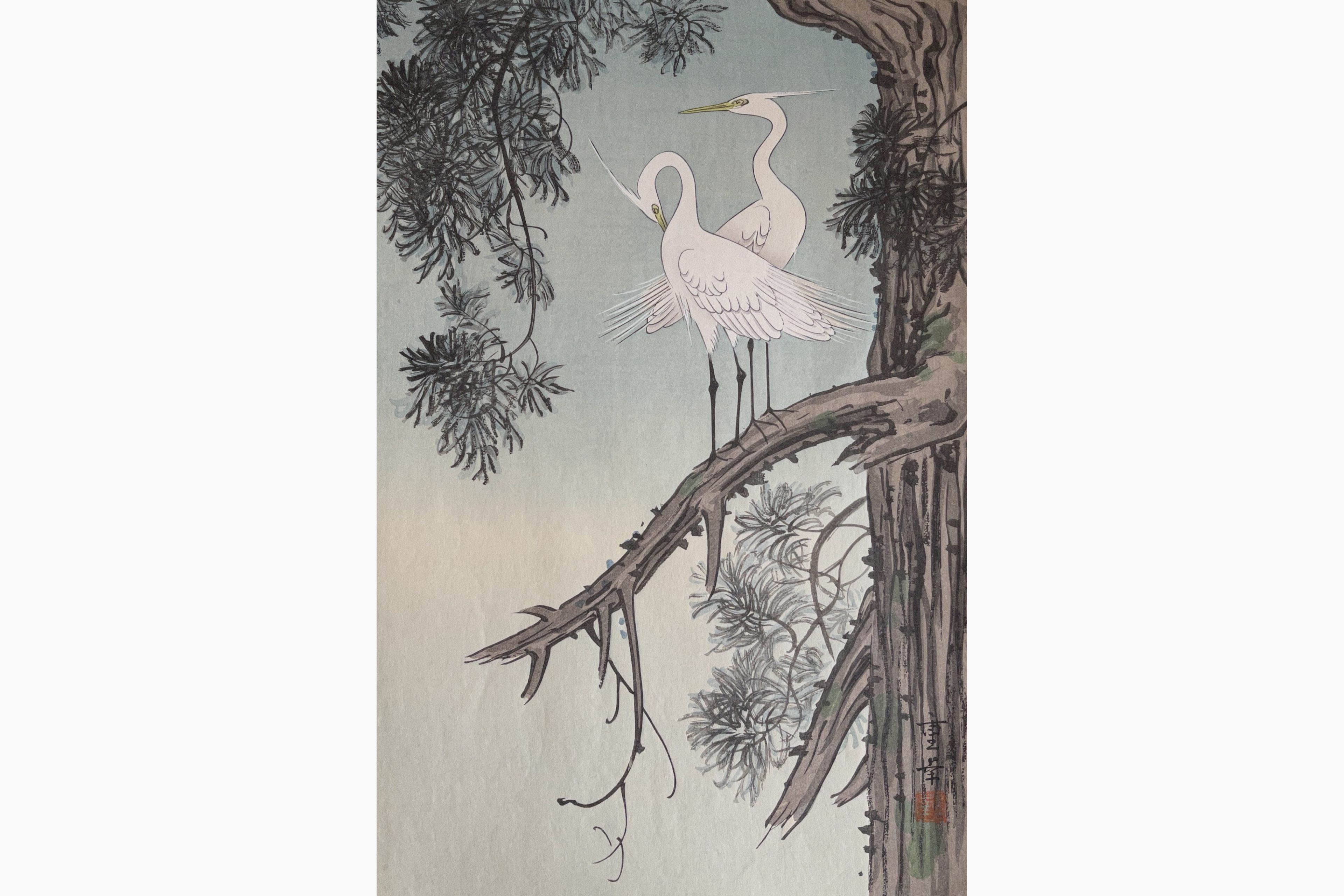Original woodblock print - Ono Shigeyuki - Egrets on a Branch