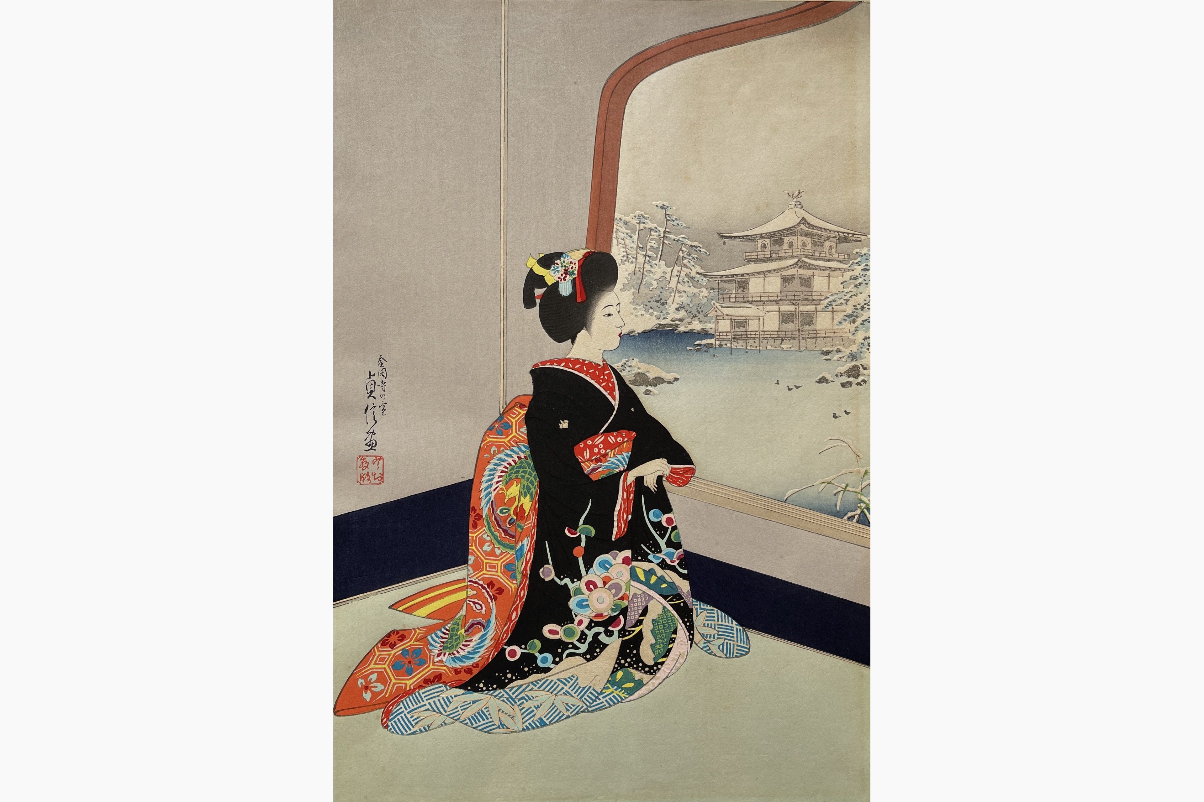 Original woodblock print - Sadanobu Hasegawa III - Maiko at the Golden Pavilion in Winter