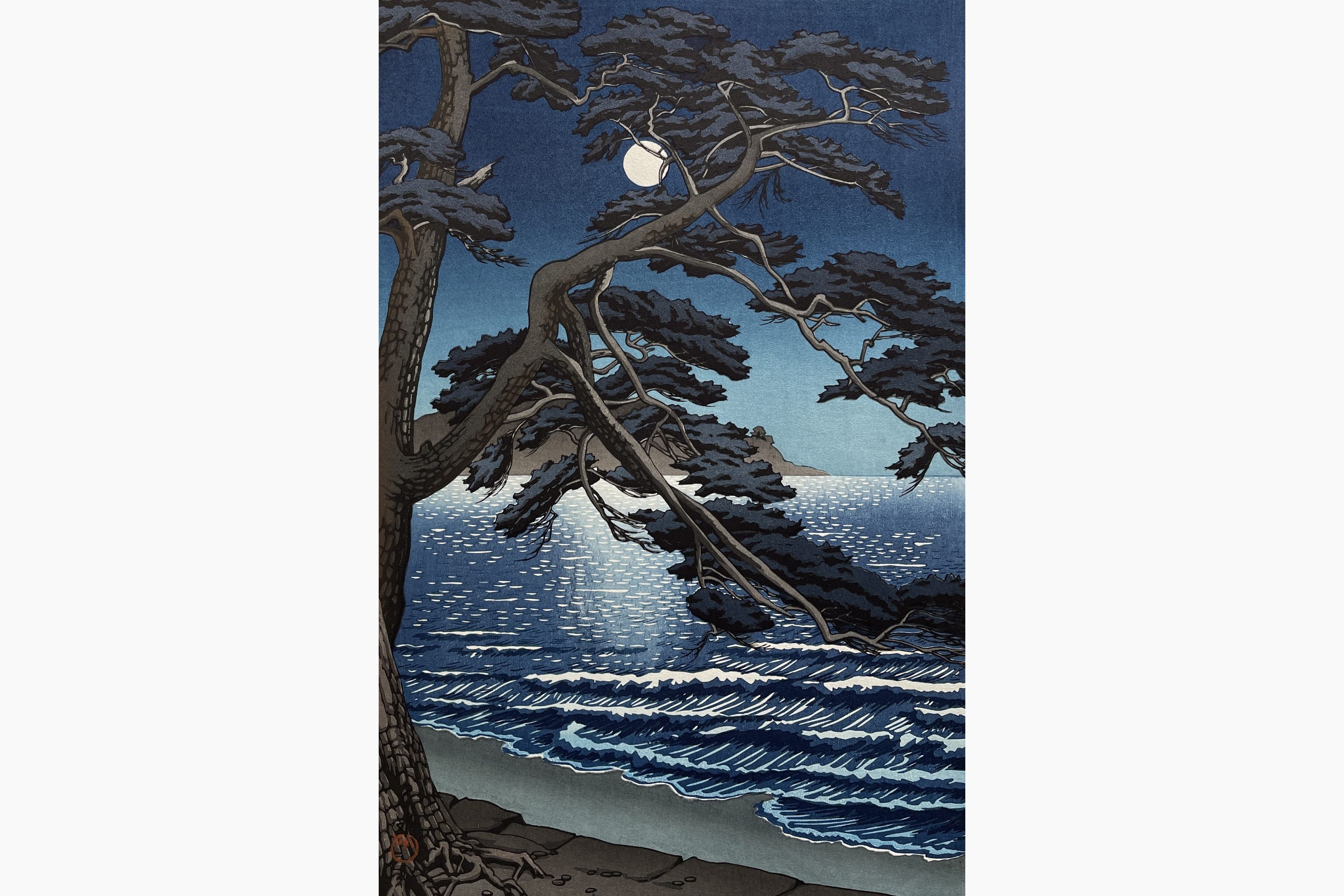 Original woodblock print - Ishiwata Koitsu - Moon at Enoshima Beach