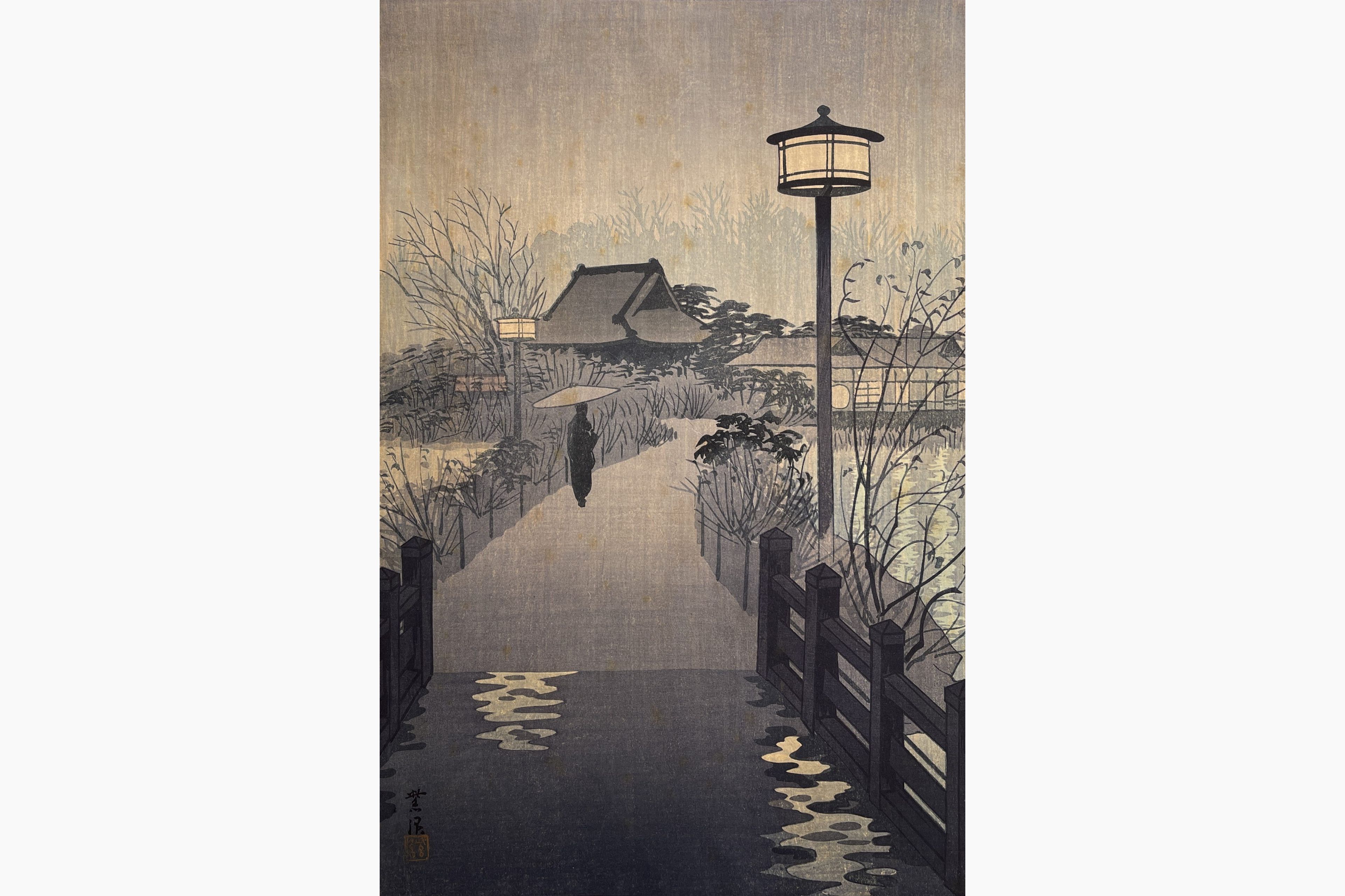 Original woodblock print - Kasamatsu Shiro - Night Rain at Shinobazu Pond