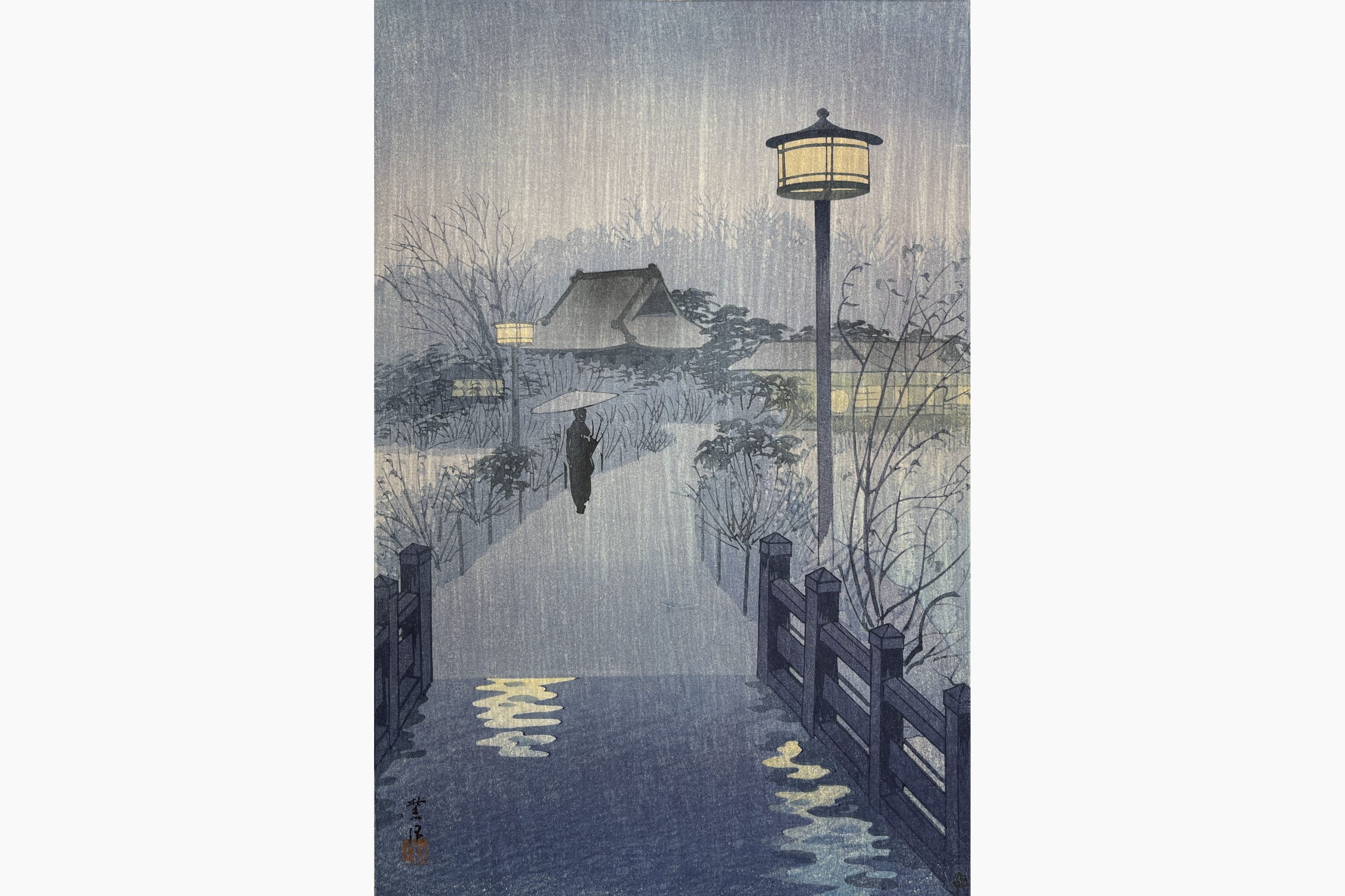 Original woodblock print - Kasamatsu Shiro - Night Rain at Shinobazu Pond