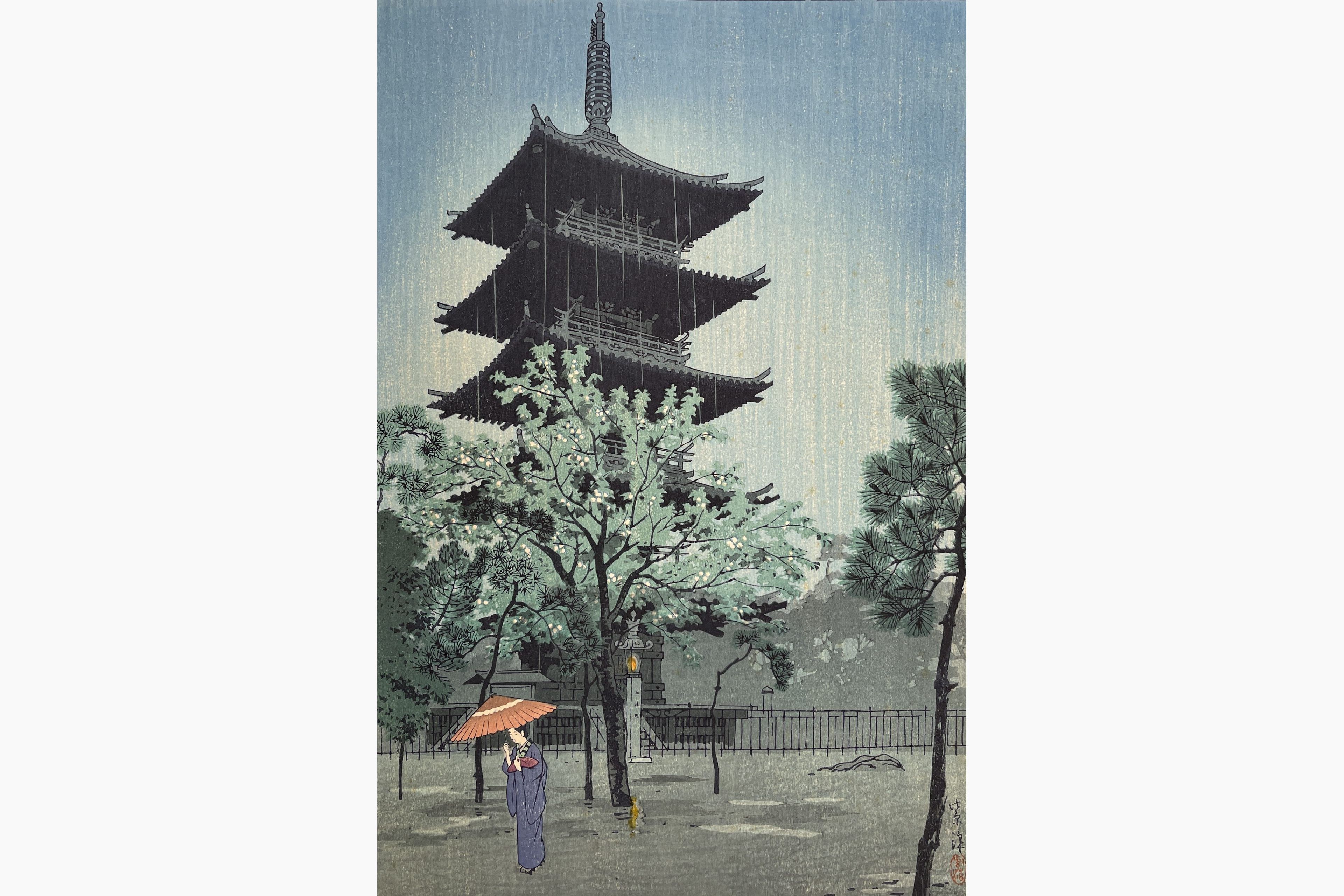 Original woodblock print - Kasamatsu Shiro - Pagoda in Evening Rain