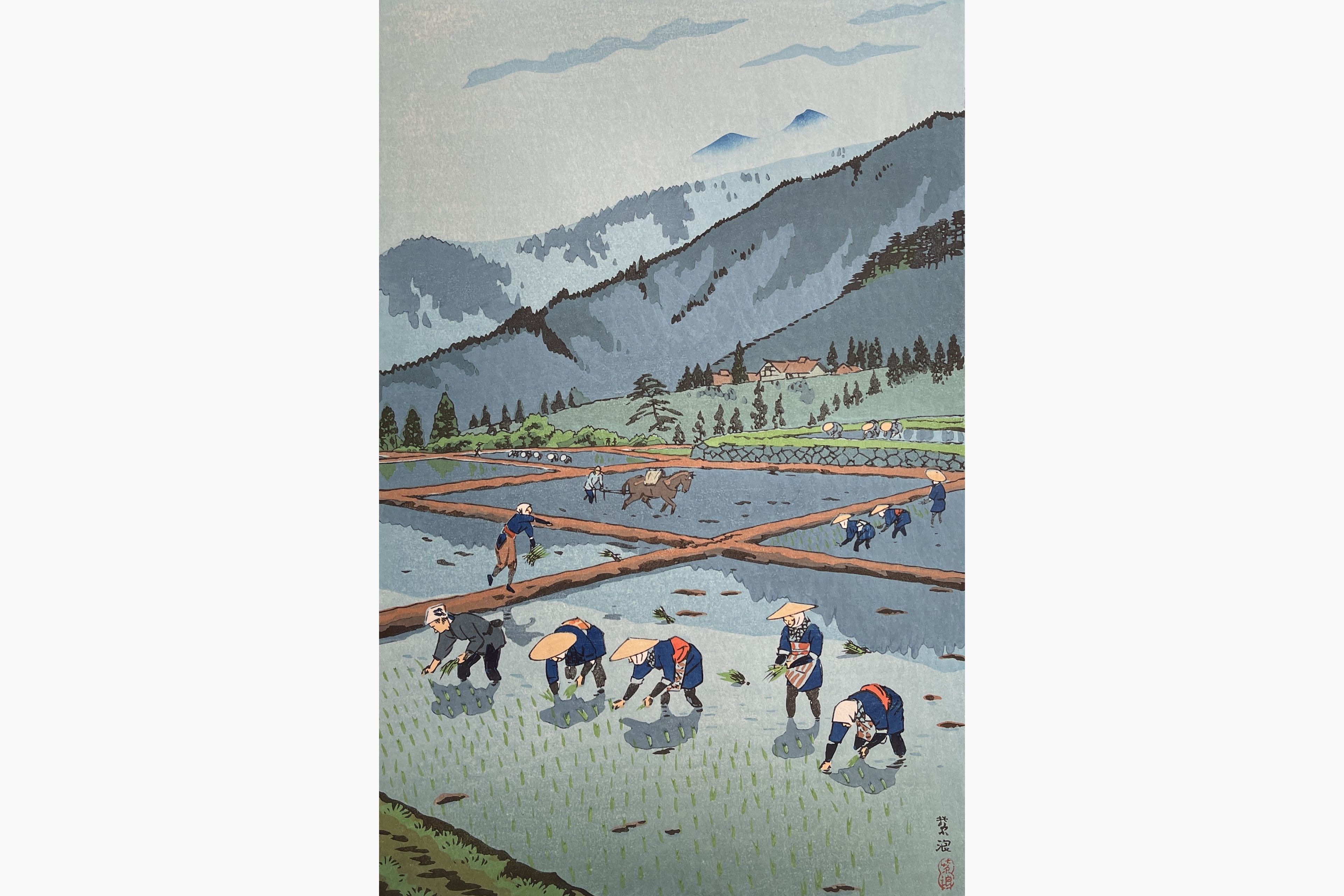 Original woodblock print - Kasamatsu Shiro - Rice planting