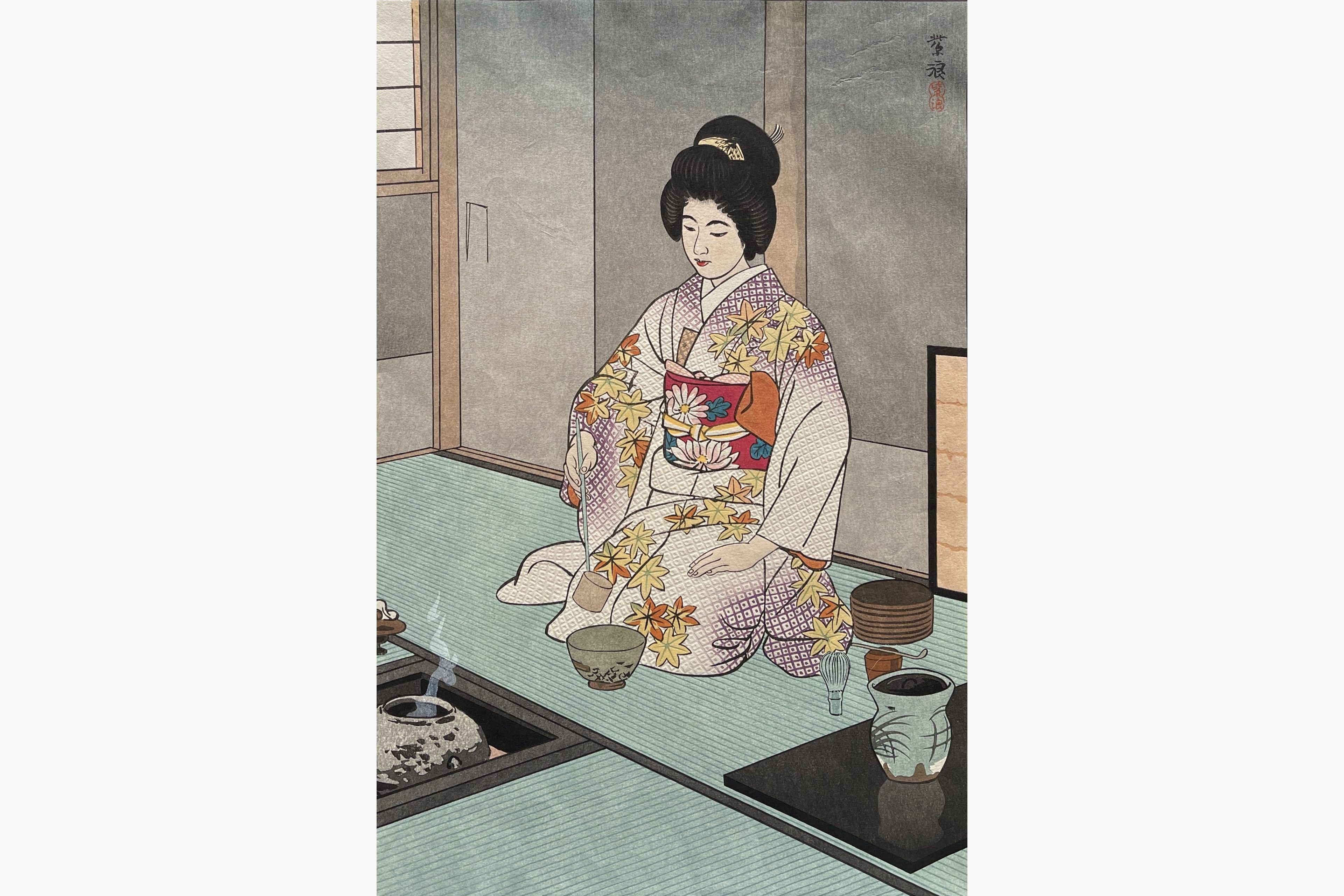 Original woodblock print - Kasamatsu Shiro - Tea Ceremony