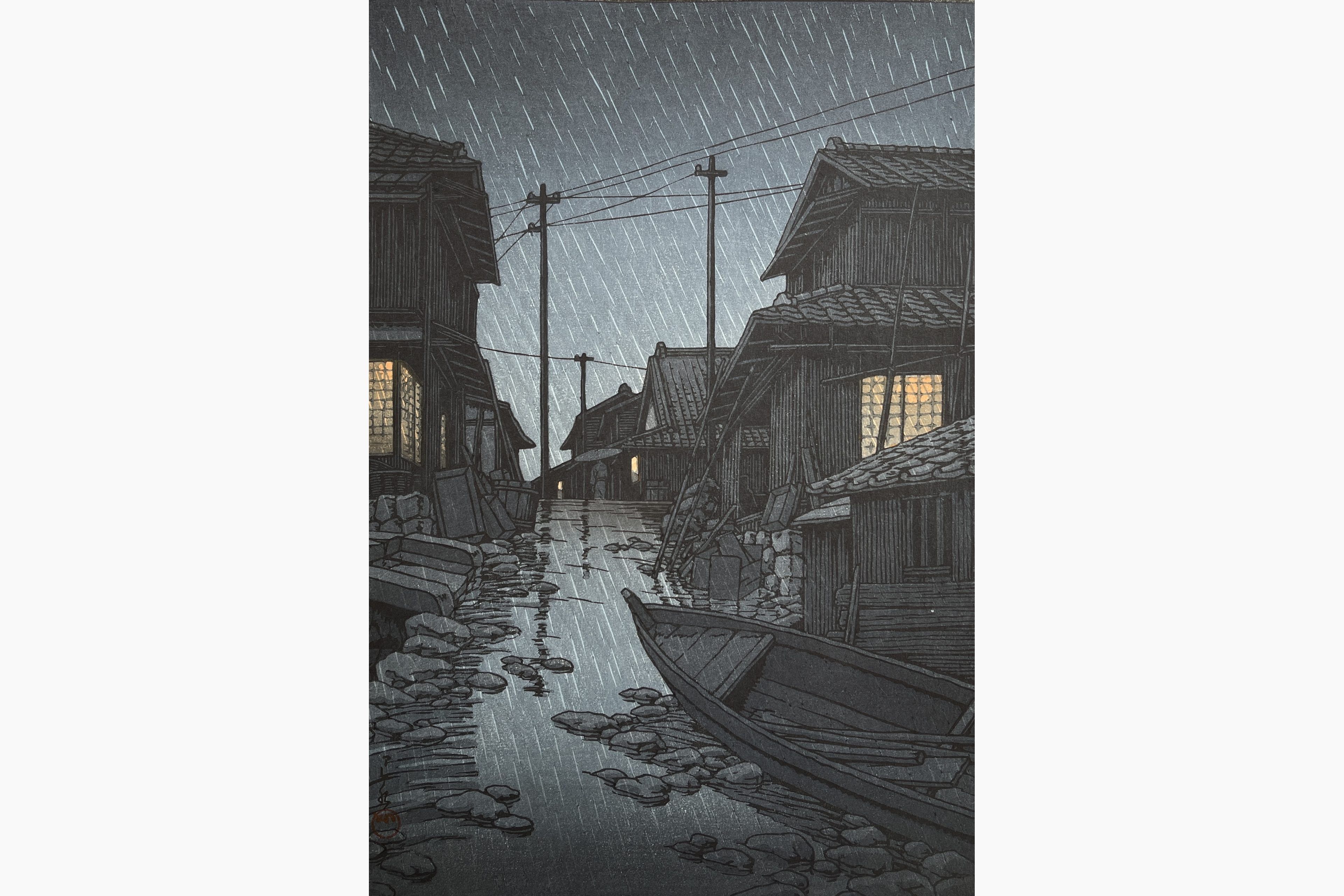 Original woodblock print - Kawase Hasui - Night Rain at Kawarako