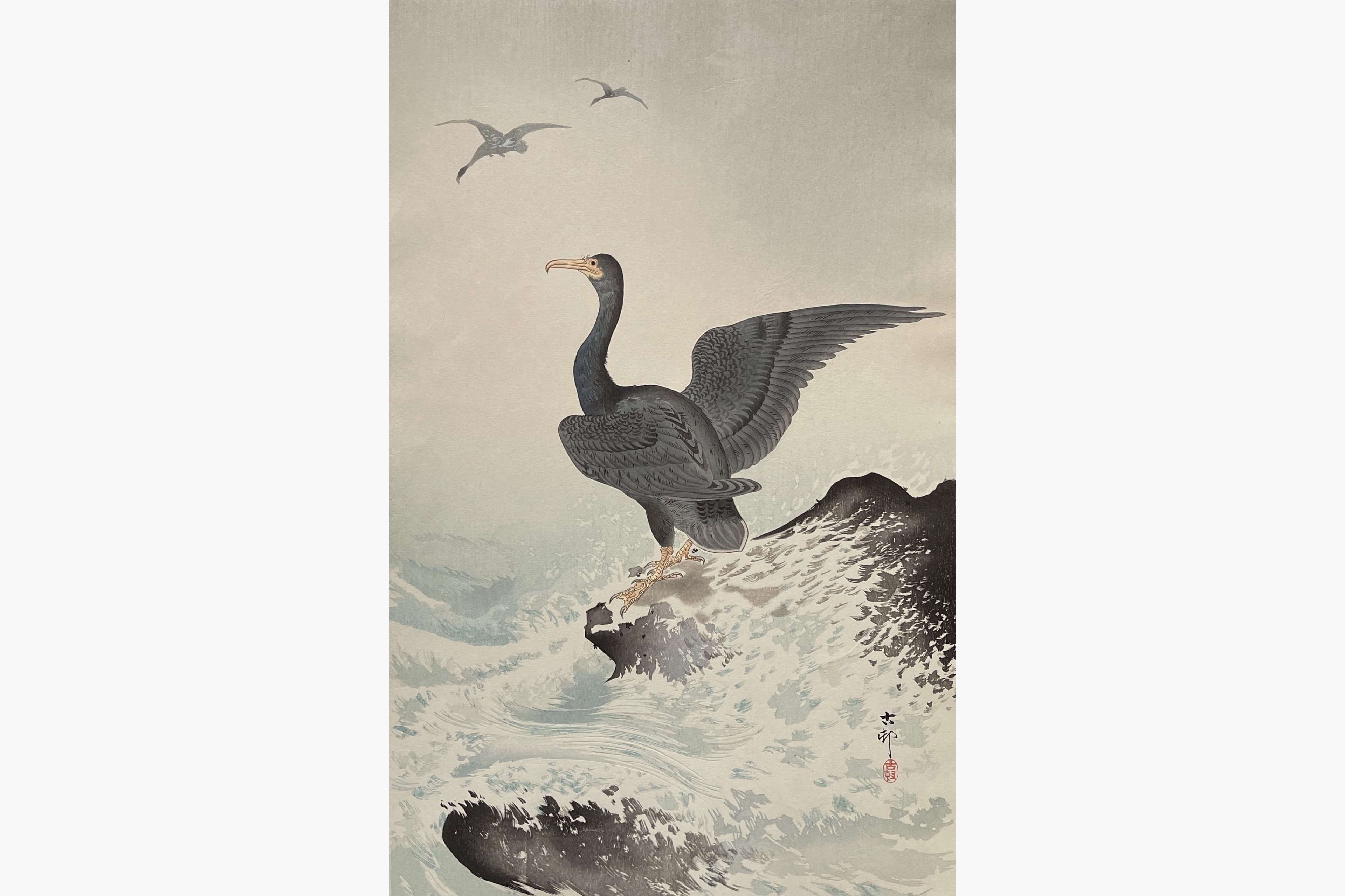 Original woodblock print - Ohara Koson - Cormorant and Waves