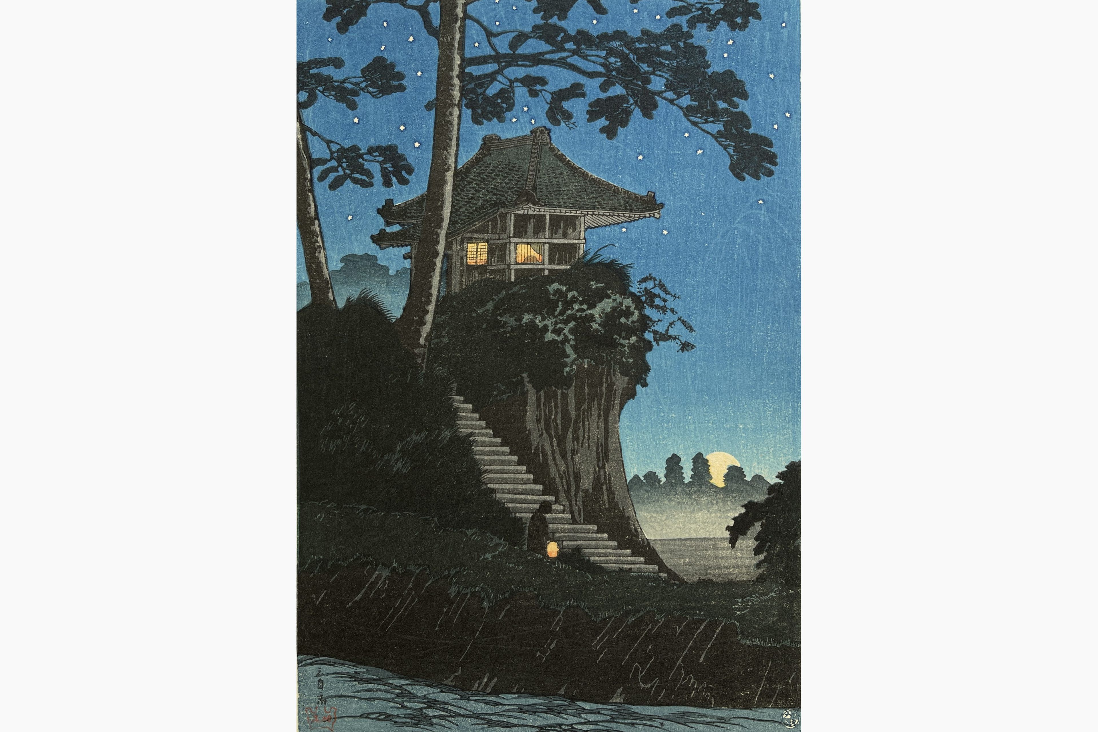 Original woodblock print - Takahashi Shotei - Moonrise at Tokumochi