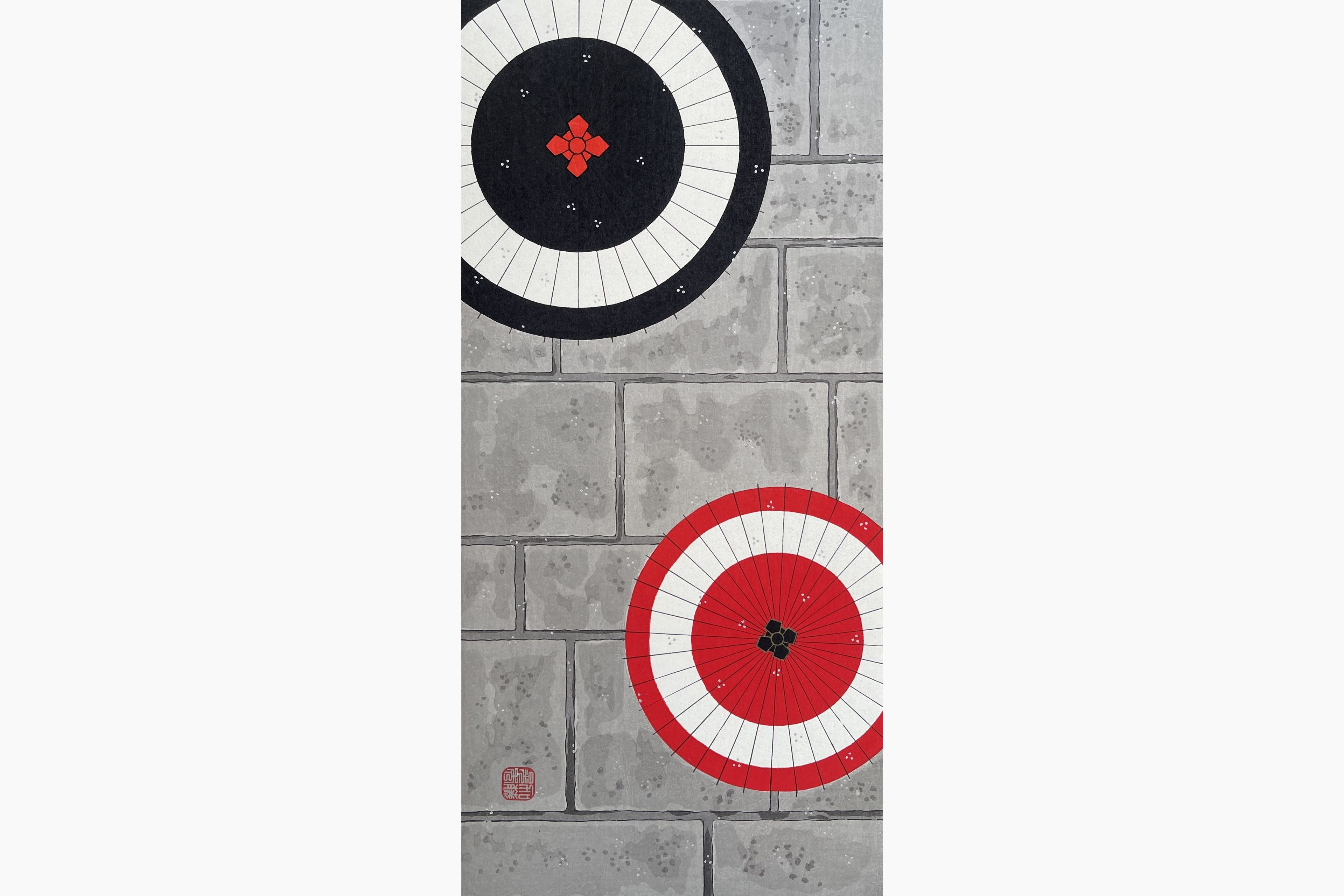 Original woodblock print - Teruhide Kato - Crossing Umbrellas