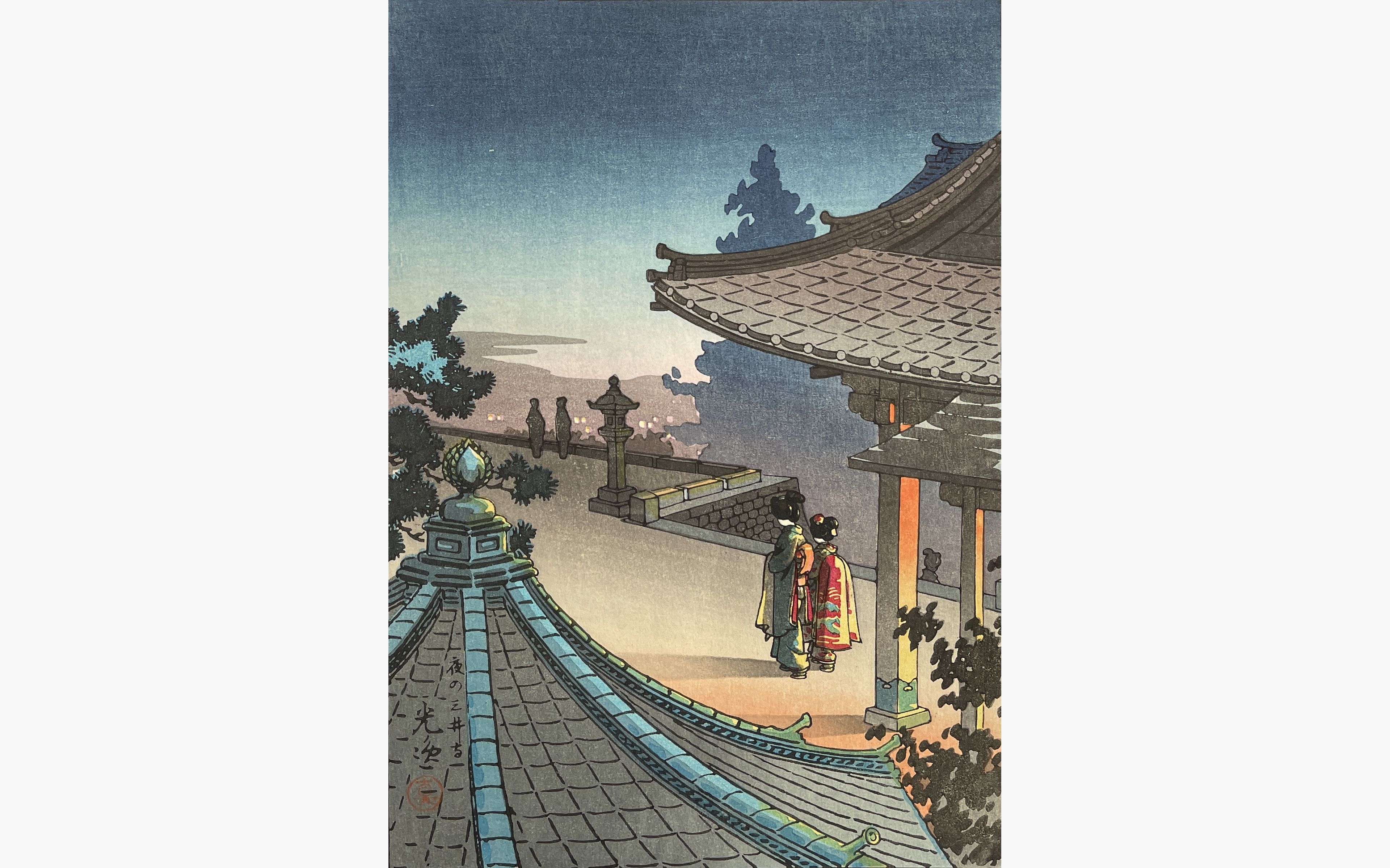 Original woodblock print - Tsuchiya Koitsu - Evening at Mii-Dera Temple