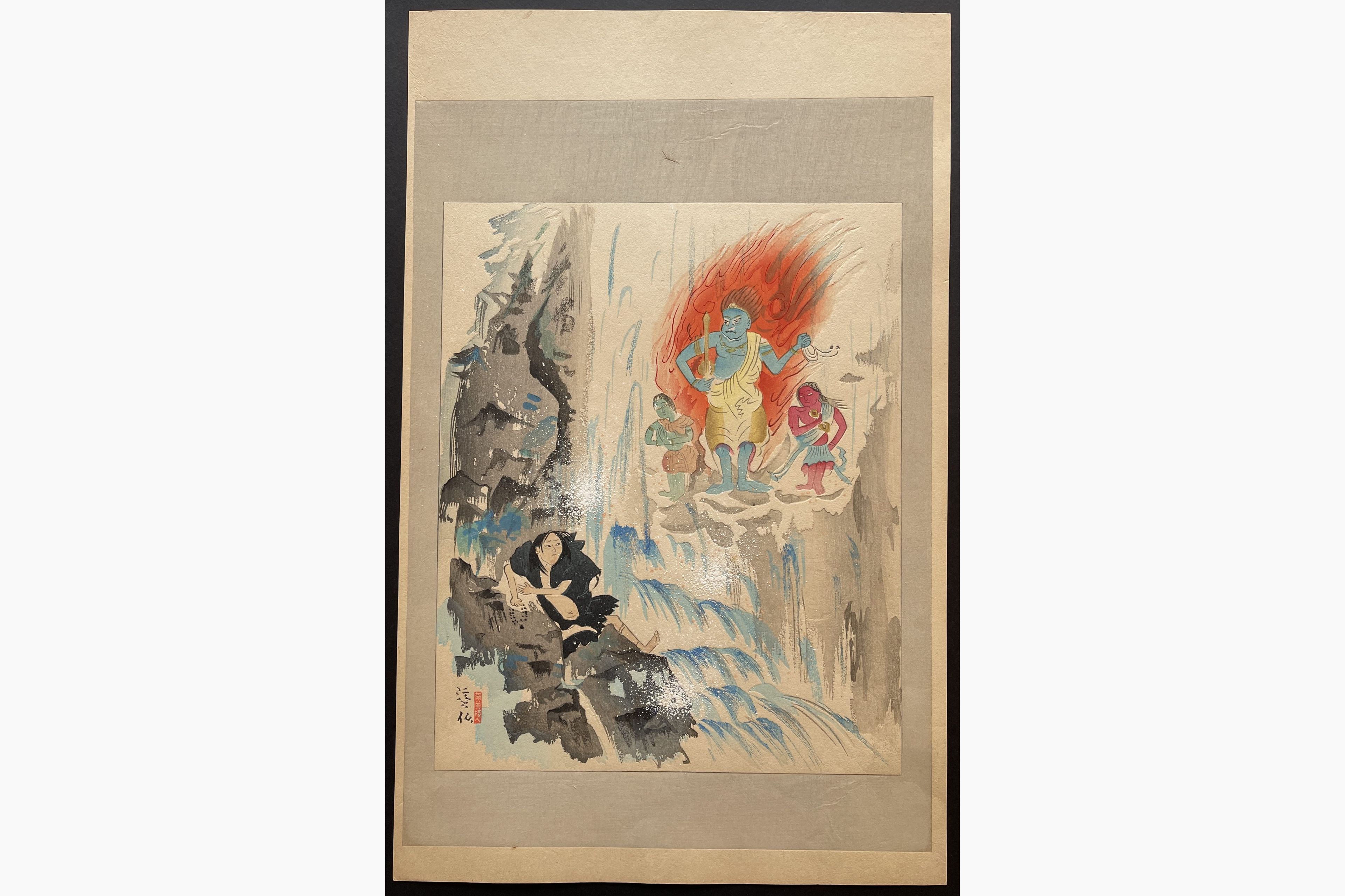 Japanese woodblock print - Tomita Keisen - The Diety Fudo and the Priest Mongaku