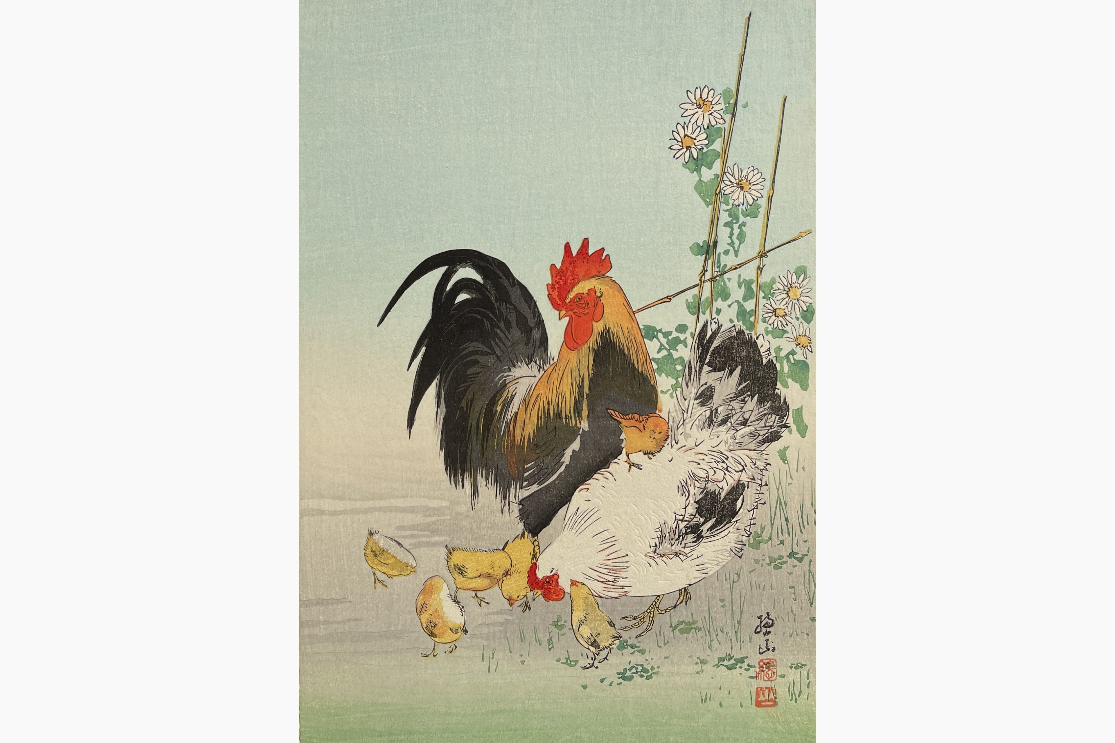Original woodblock print - Ito Sozan - Chicken Family