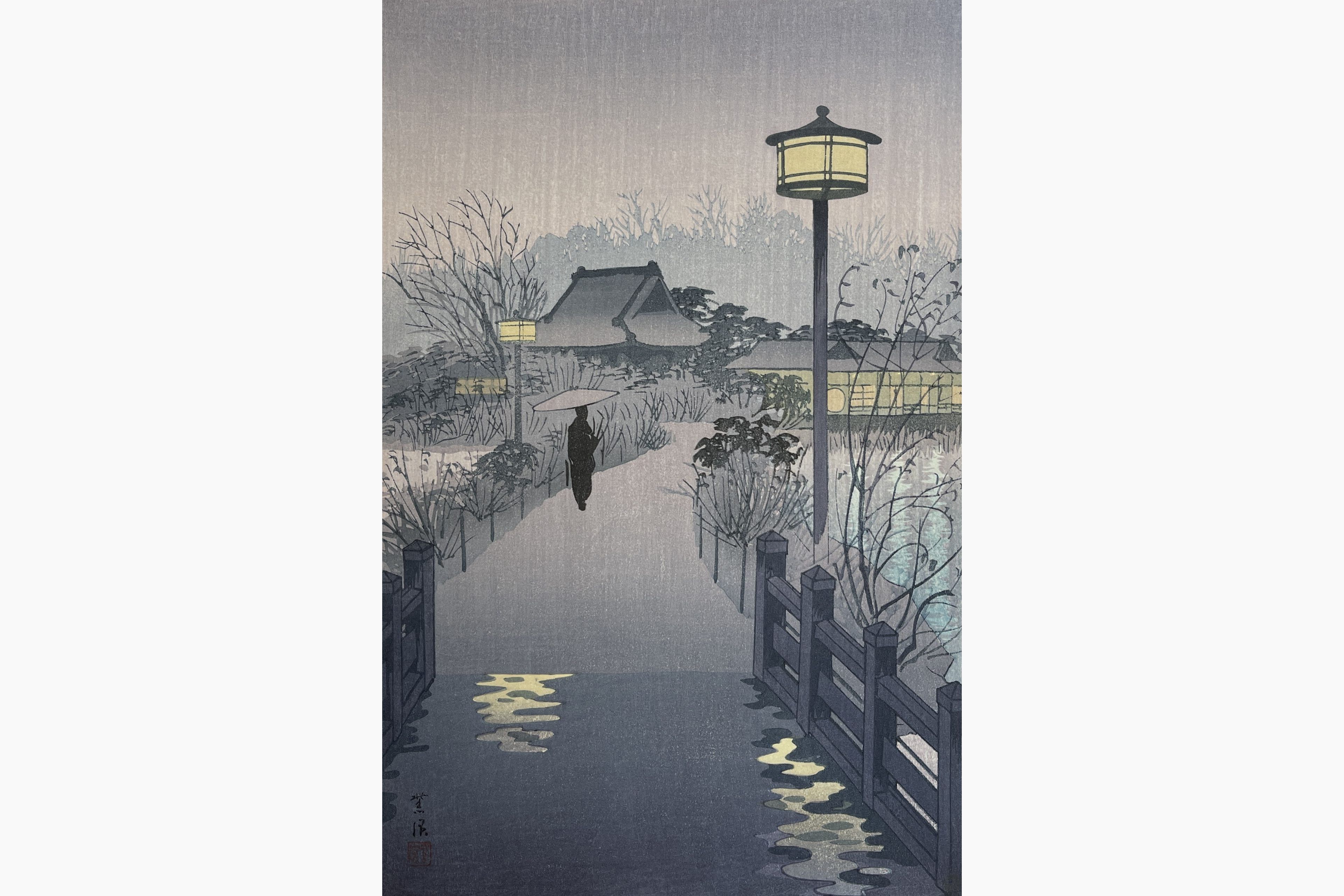 Original woodblock print - Kasamatsu Shiro - Night Rain at Shinobazu Pond