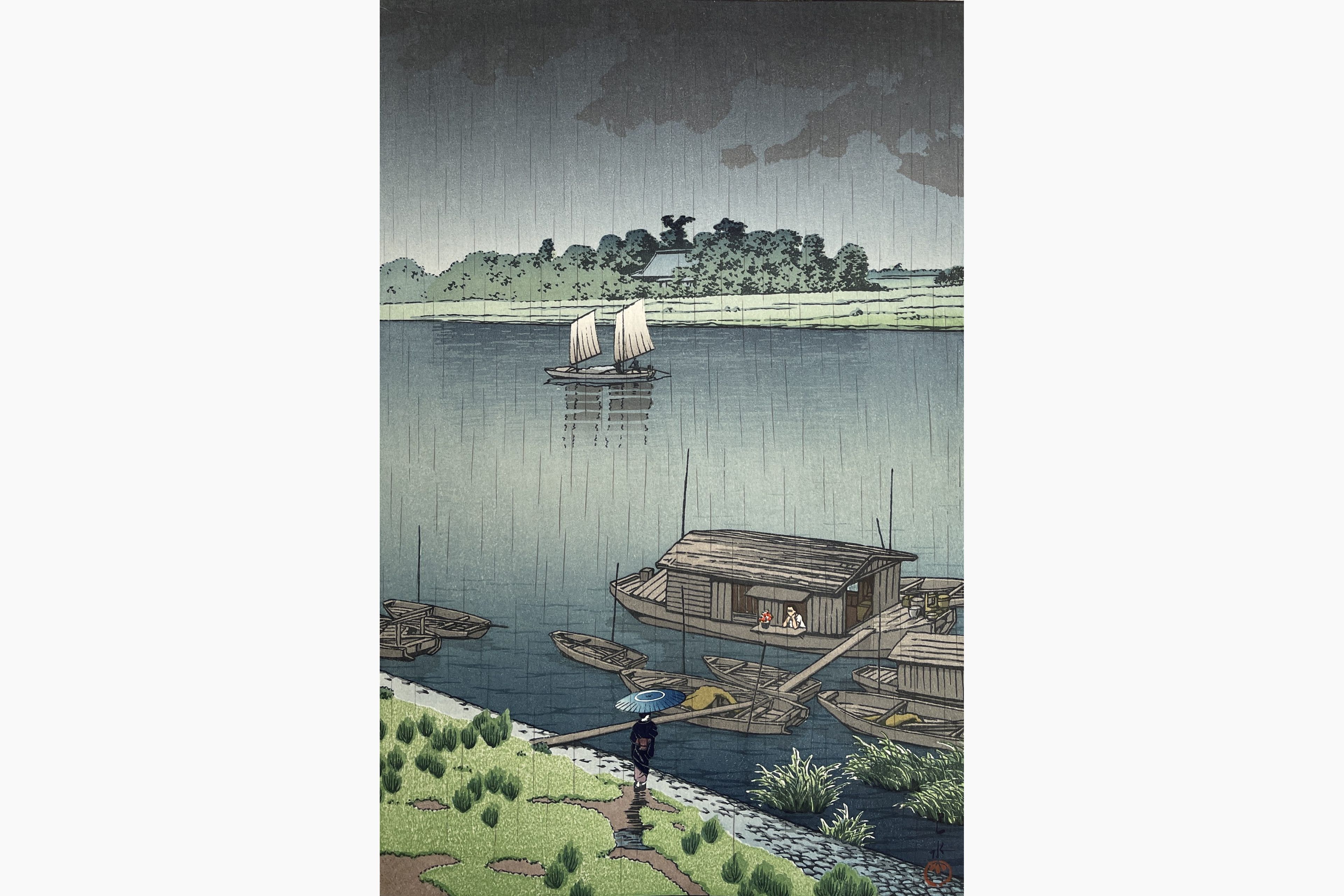Original woodblock print - Kawase Hasui - Arakawa River in May Rain