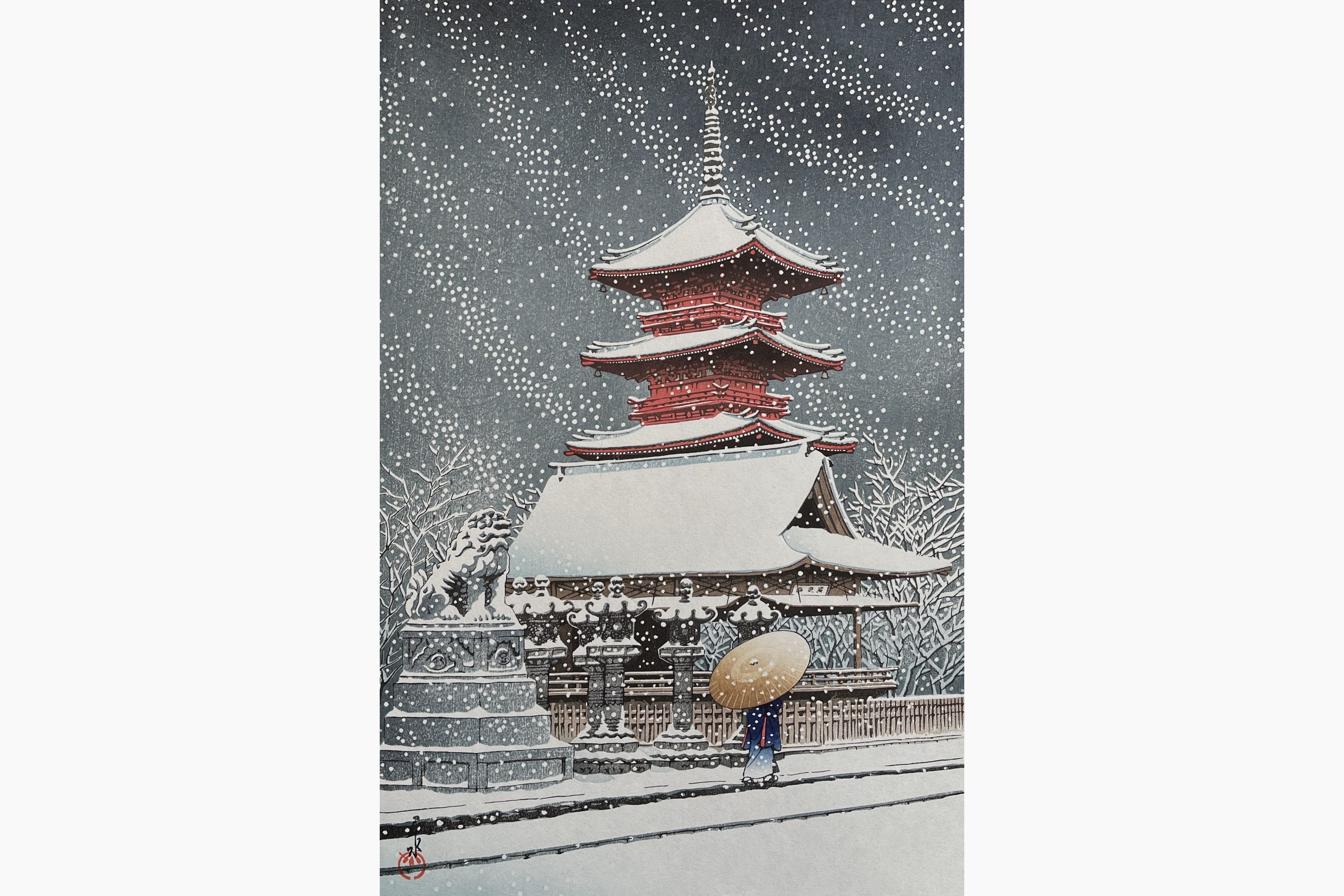 Original woodblock print - Kawase Hasui - Snow at Ueno Toshogu Shrine