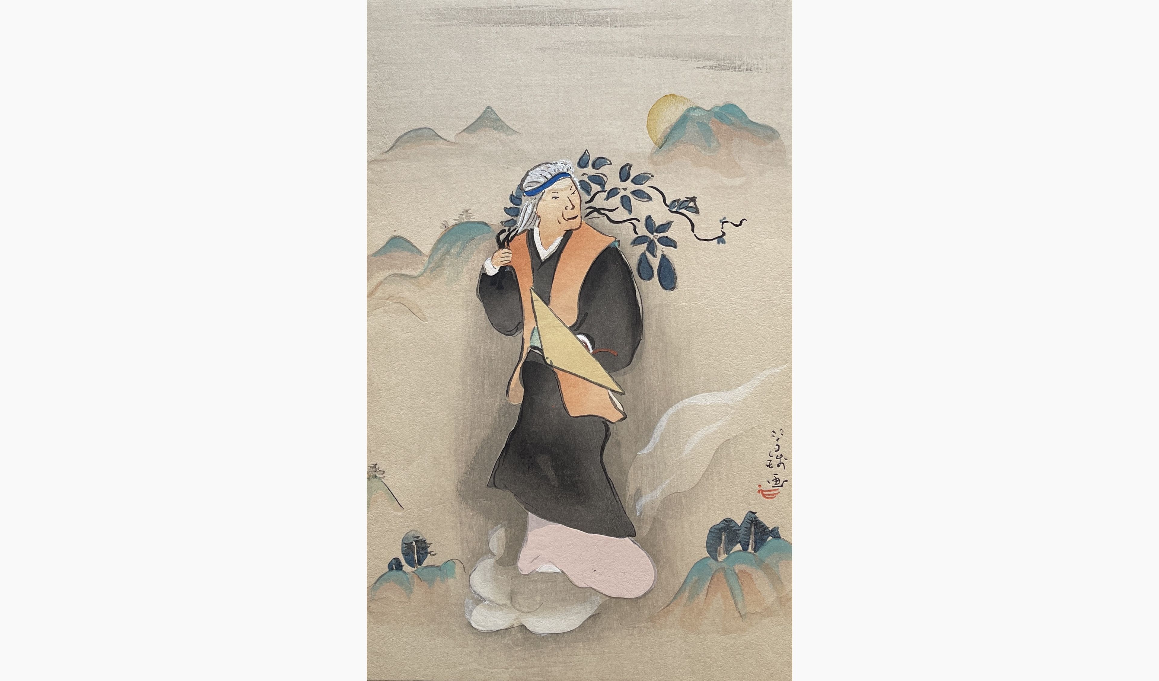Original woodblock print - Ogawa Usen - Lady Hagi with a Tree Branch