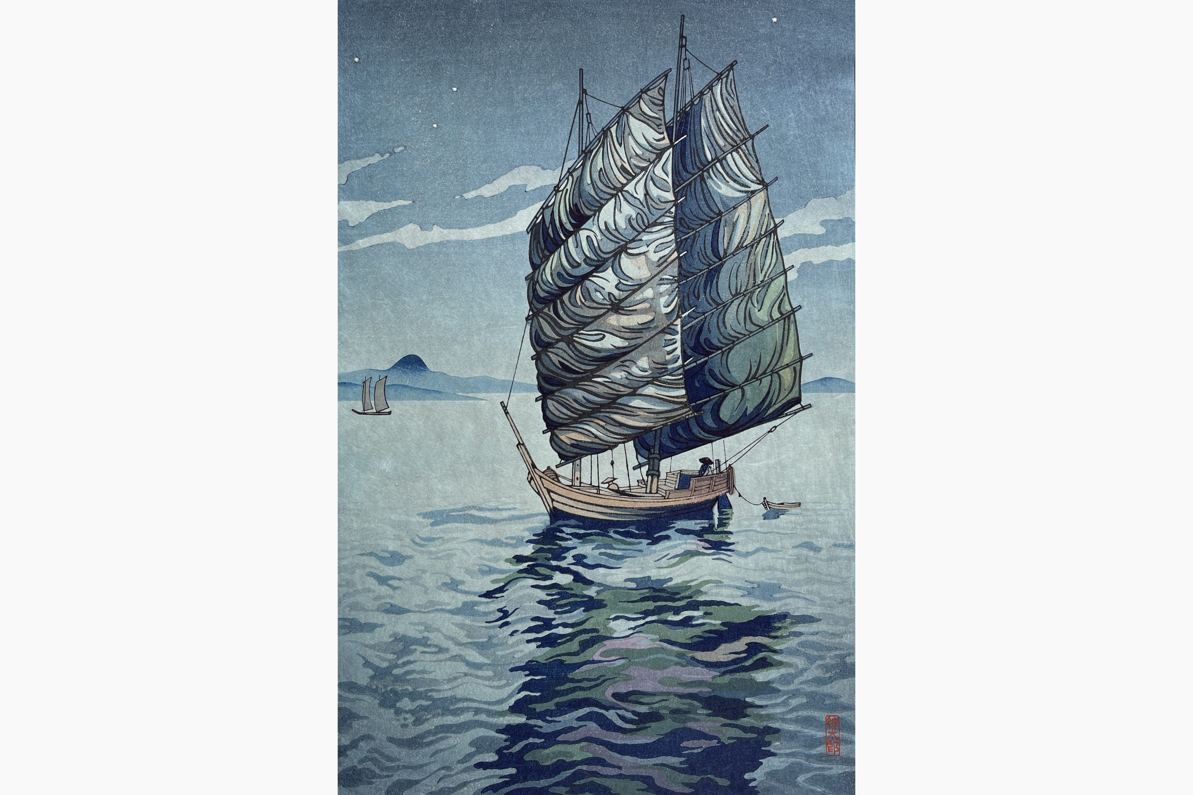 Original woodblock print - Shintaro Okazaki - Seto Inland Sea in Moonlight