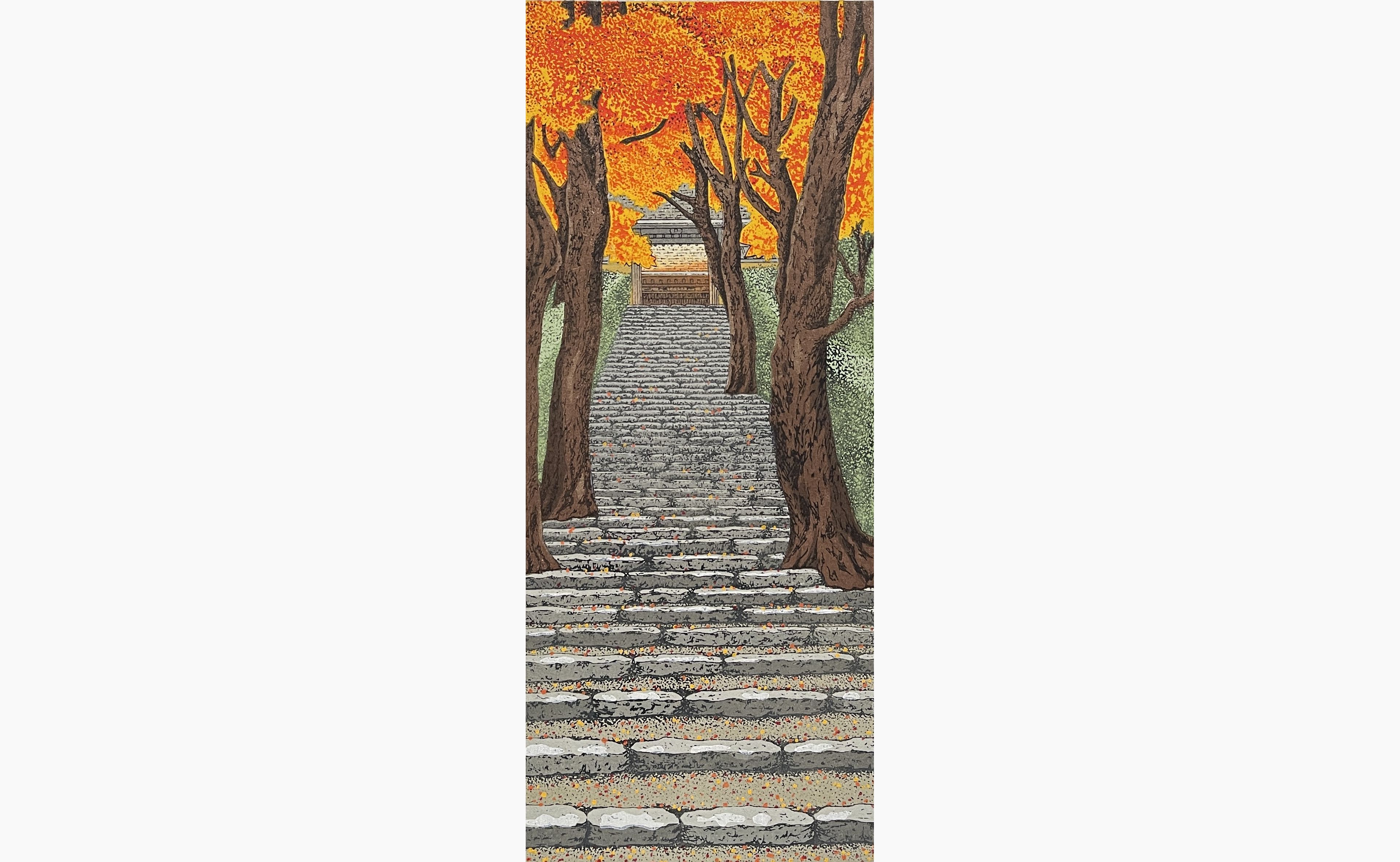 Original woodblock print - Teruhide Kato - Autumn leaves, Stairway to the temple