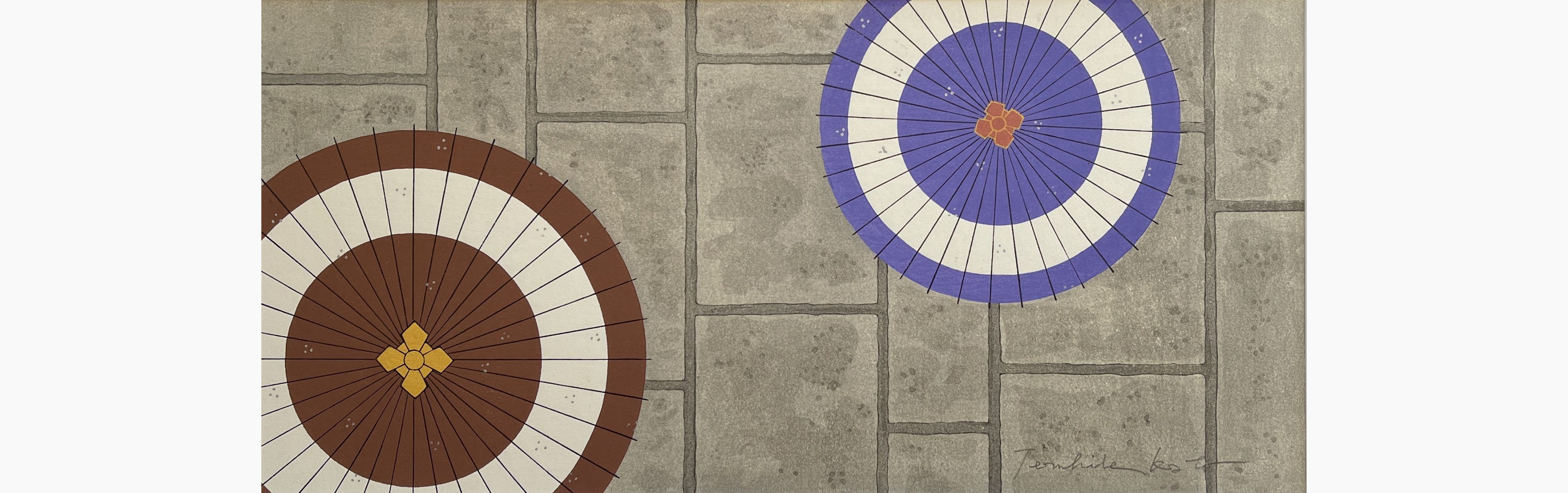 Original woodblock print - Teruhide Kato - Crossing Umbrellas